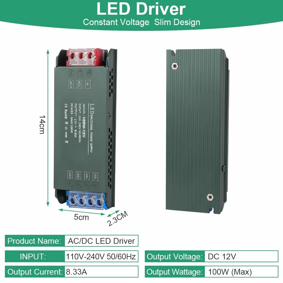 Transformator LED URAQT 220 V 12 V, 100 W Wejście transformatora LED, zasilacz niskonapięciowy AC na DC, sterownik stałego napięcia LED, niskonapięciowy transformator LED AC na DC