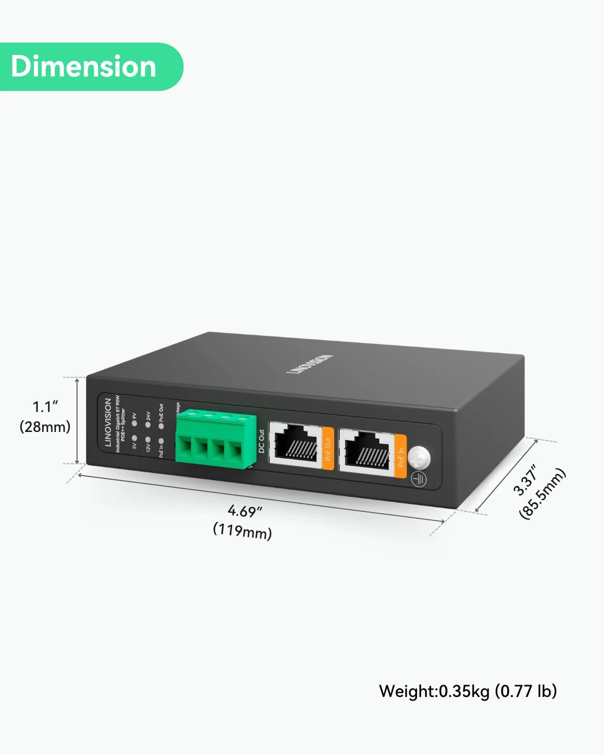 LINOVISION Przemysłowy gigabitowy rozdzielacz PoE++ 90W IEEE802.3bt DC 5/9/12/24V montaż na szynie DIN