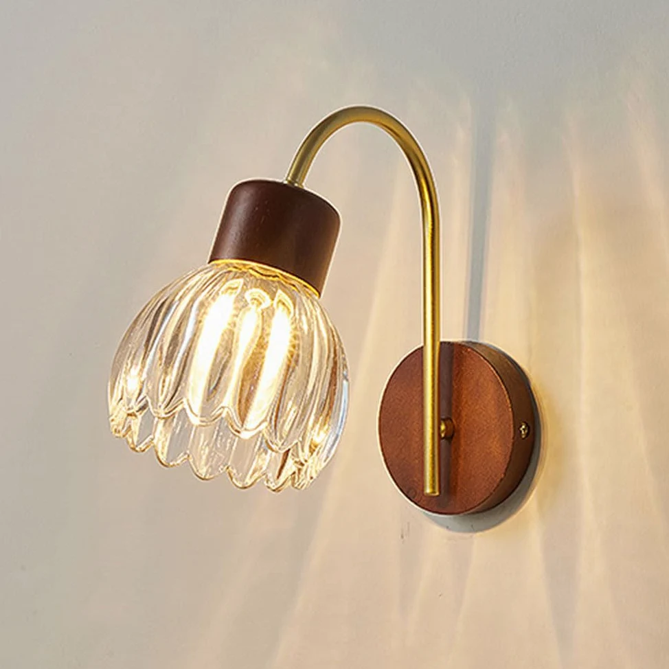 Drewniana lampa ścienna do wnętrz E27, vintage, kinkiet, złoty, z kloszem ze szkła kwiatowego, industrialna lampka nocna, dekoracyjna lampa ścienna w stylu retro do sypialni, salonu, stolika nocnego