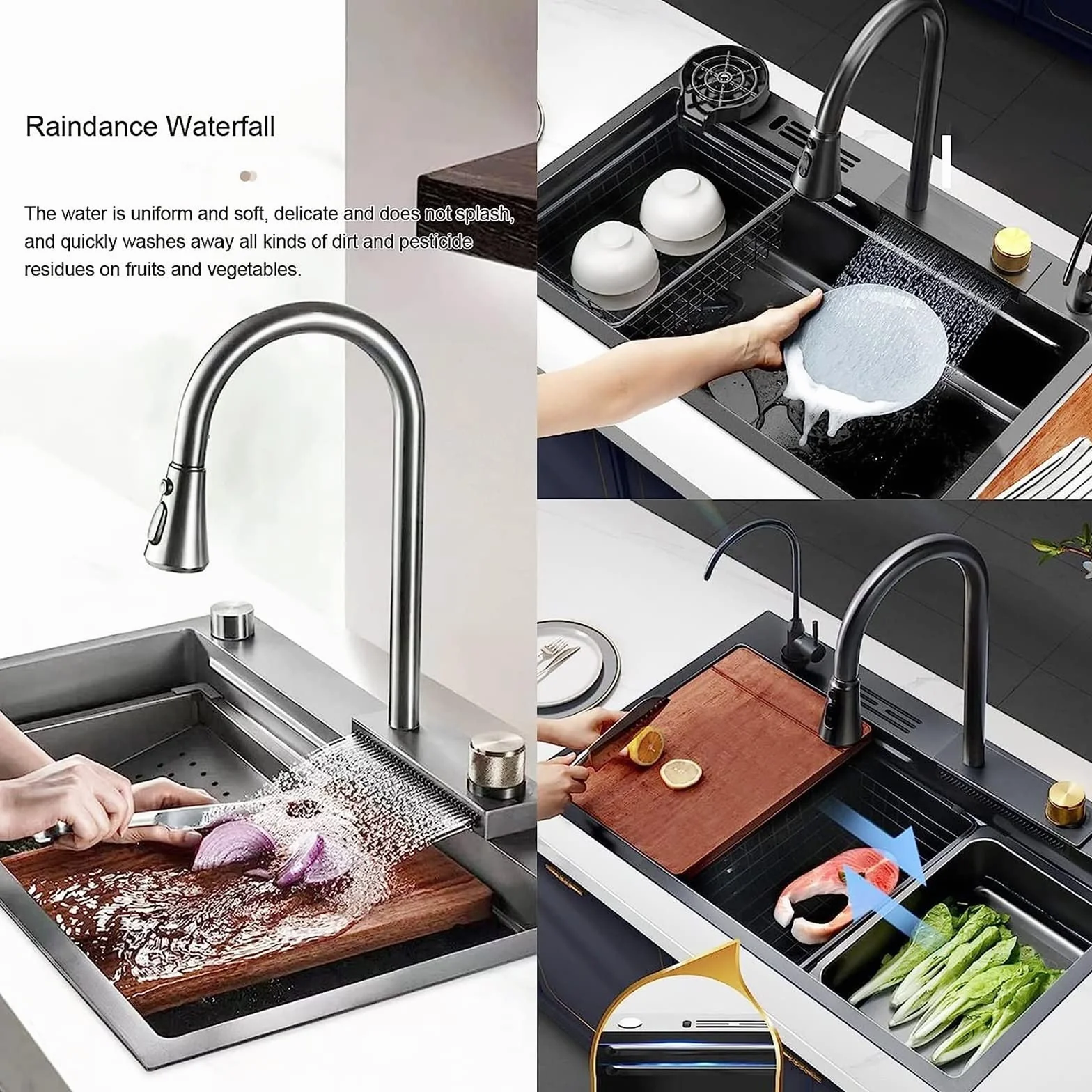 Czarny zlew kuchenny ze stali nierdzewnej, zlewy gospodarcze Nano Raindance Waterfall, zlew do wpuszczania lub podblatowy ze zlewem na kubek i wyciąganą baterią, do pralni, nowoczesny barek (72*45 cm)