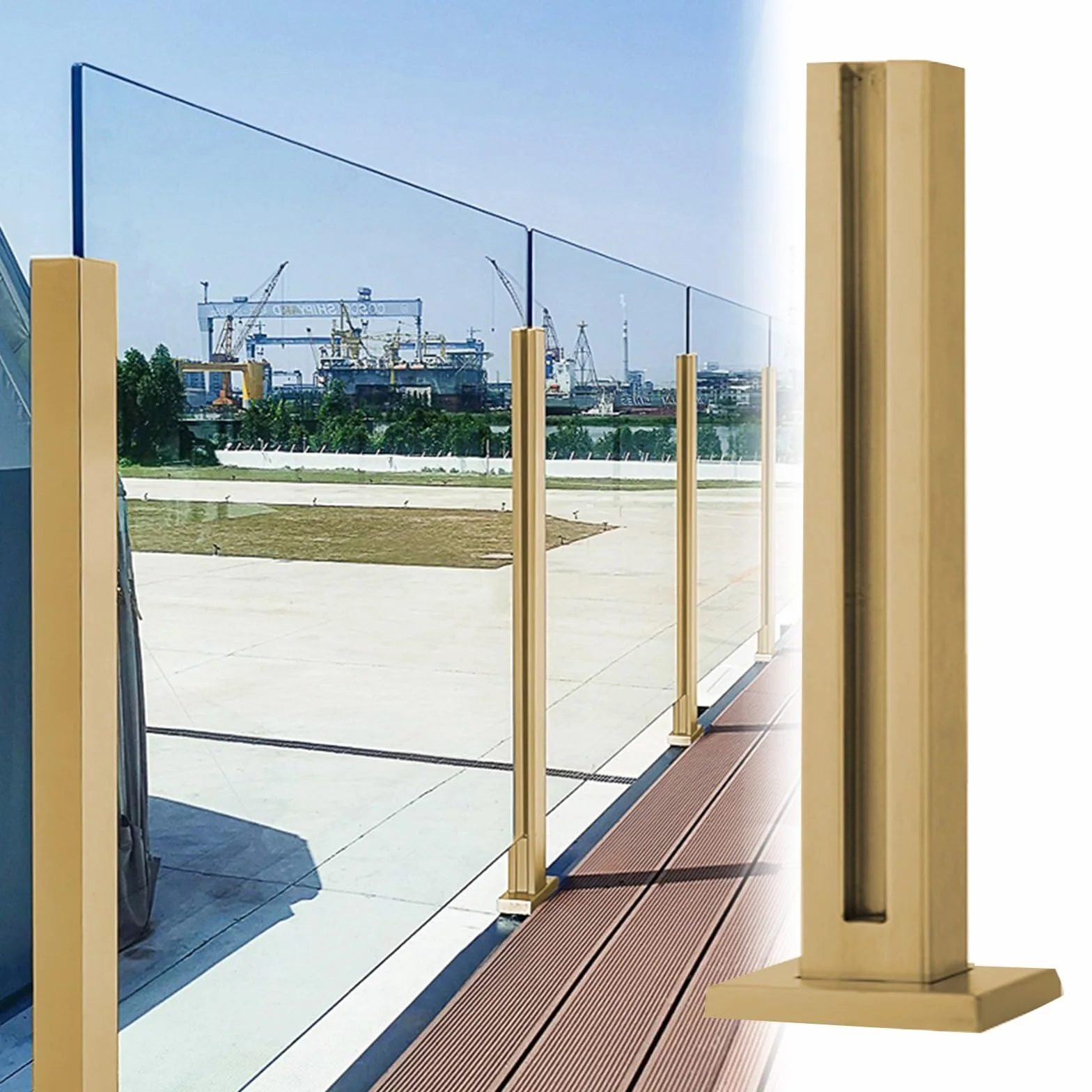 Złoty słupek końcowy do szklanej balustrady 80/80 cm - trwałe podparcie do paneli metalowych/drewna/szkła hartowanego (8-12 mm) - idealny na balkon i schody