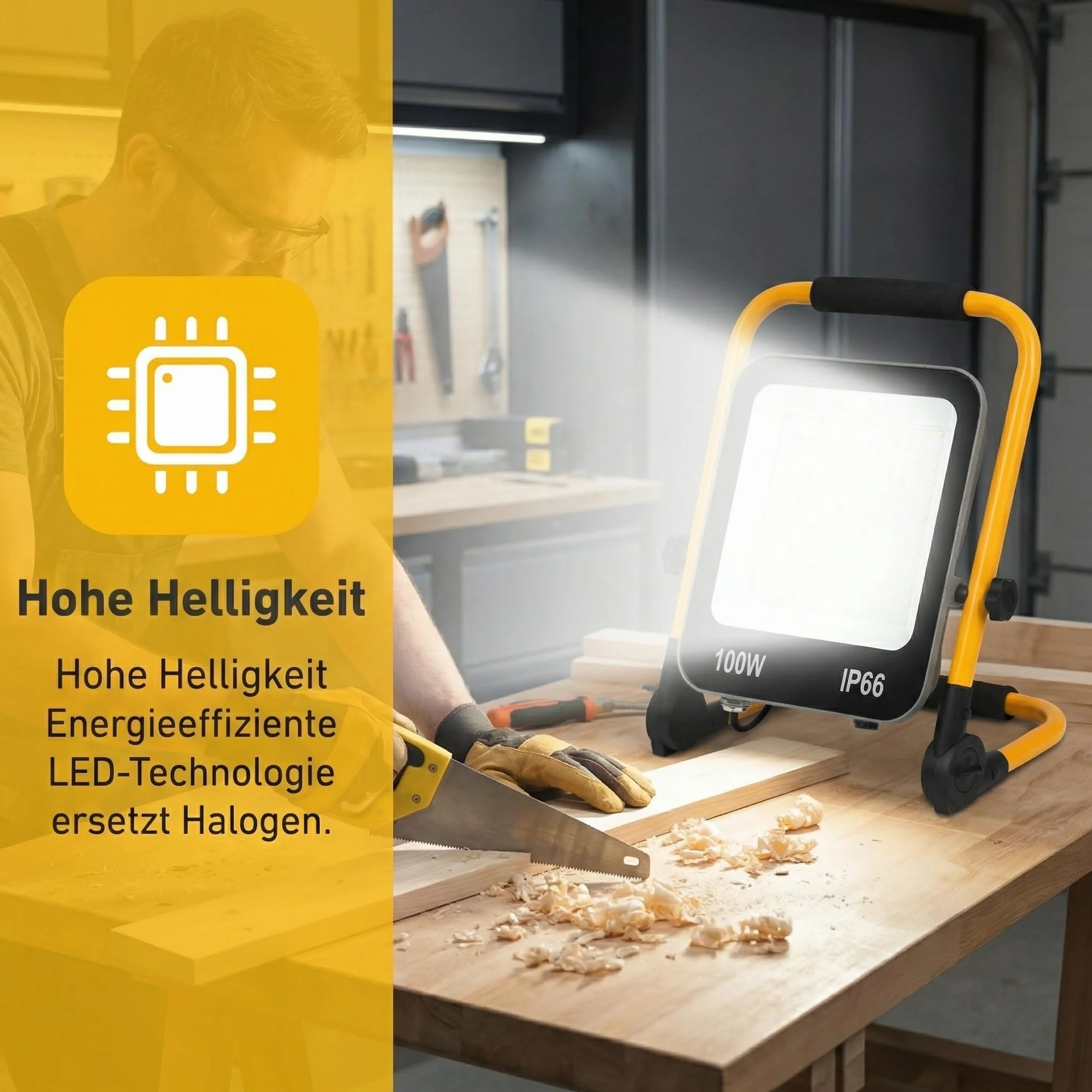 Reflektor budowlany LED, 100 W, 8000 lm, lampa robocza LED z wtyczką, klasa wodoszczelności IP66, reflektor budowlany z kablem 3 m, przenośny, do warsztatu lub na placu budowy, 6000 K