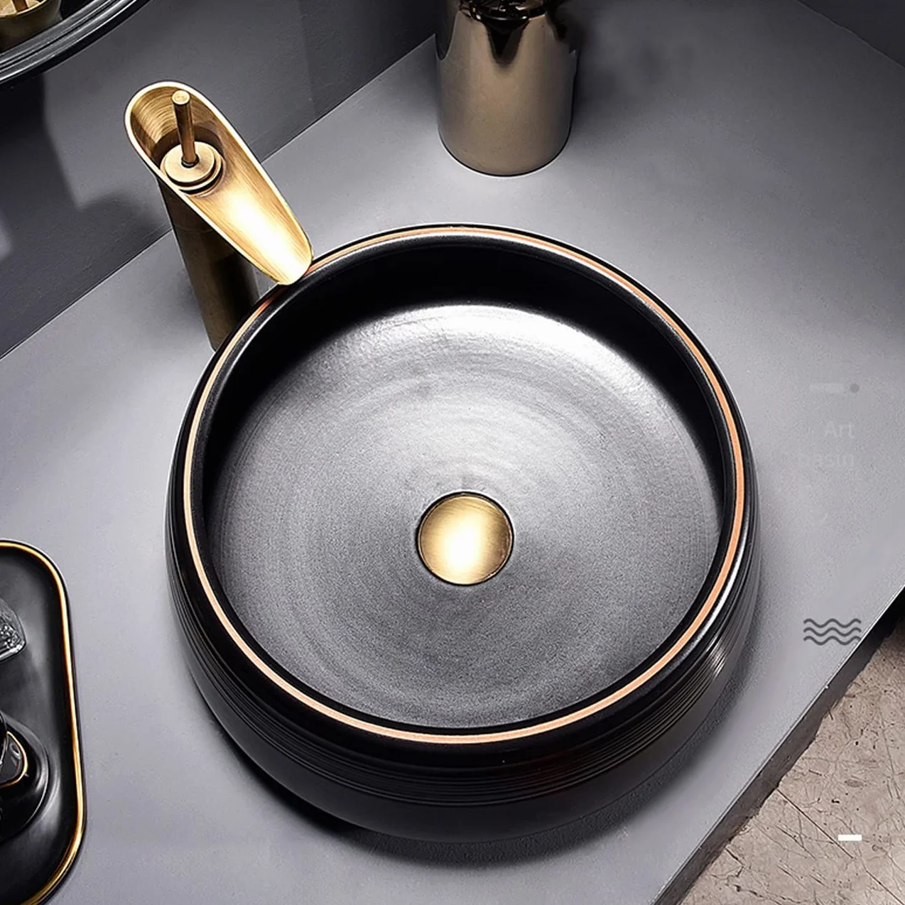 Czarna Umywalka Nablatowa, Minimalistyczna Okrągła Ceramiczna Umywalka Nablatowa Z Artystycznym Wykończeniem I Kranem, Umywalka Łazienkowa Z Porcelany Artystycznej