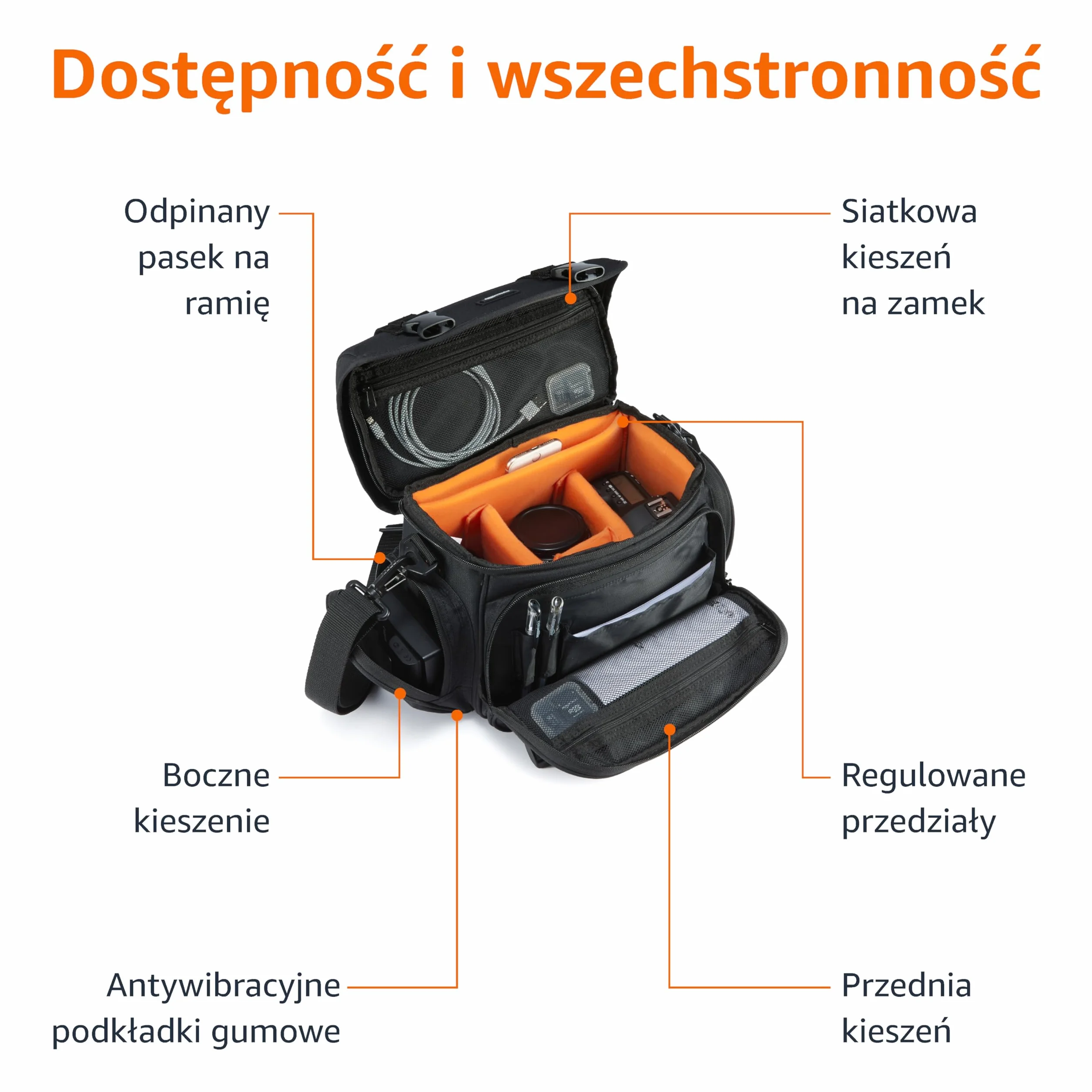 Amazonbasics Torba Na Ramię Na Lustrzankę, Czarny/Pomarańczowy, 32.4 x 20.3 x 24.8 cm