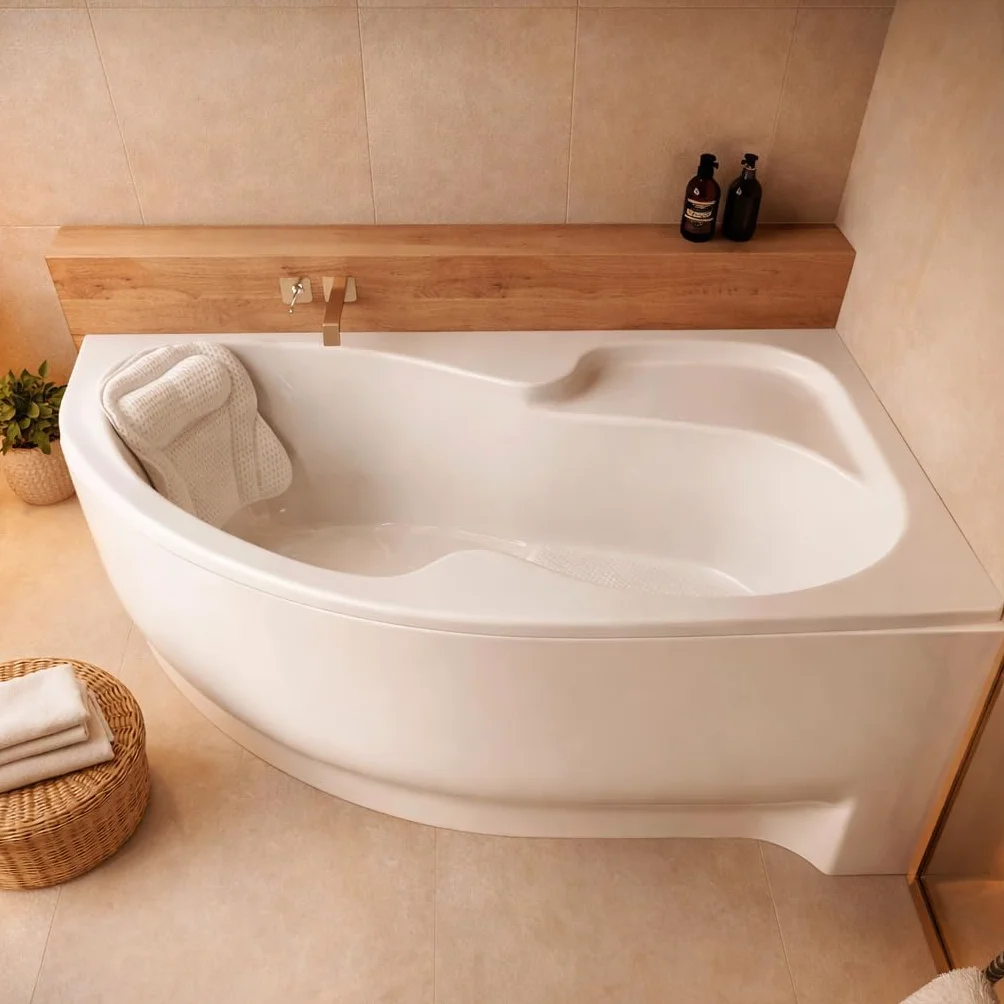 Wanna narożna ECOLAM® WELA 150x100 cm prawa z obudową | Wanna akrylowa Wanna sanitarna akrylowa + obudową akrylową + zagłówkiem Mare + automatycznym odpływem i przelewem | Antypoślizgowa, łatwa w piel