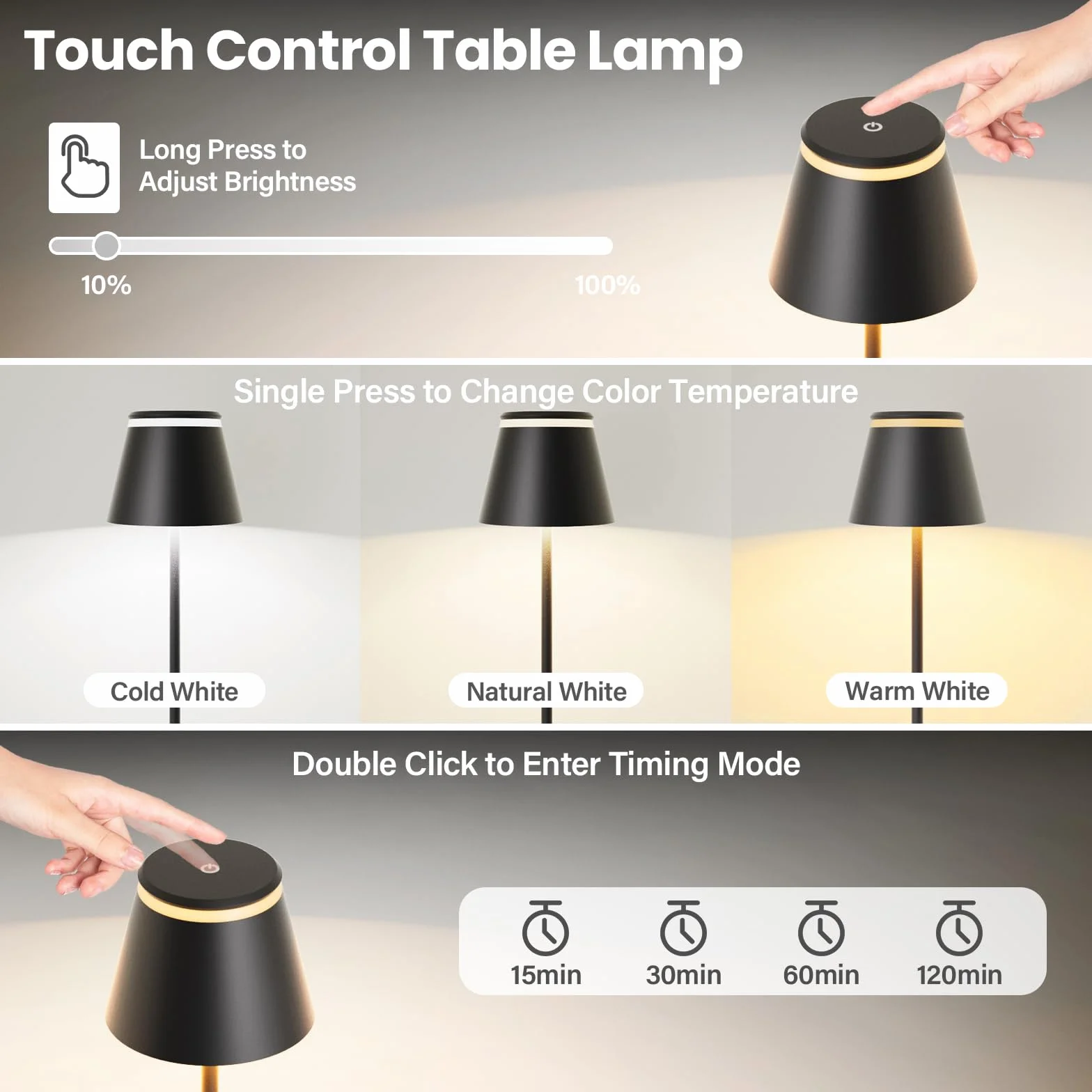 Neoglint Ściemniana lampa stołowa LED, ze stacją ładującą USB, obsługuje typ C, bezprzewodowa, sterowanie dotykowe, z pilotem zdalnego sterowania, IP54,3 regulacja jasności barwowej, czarna