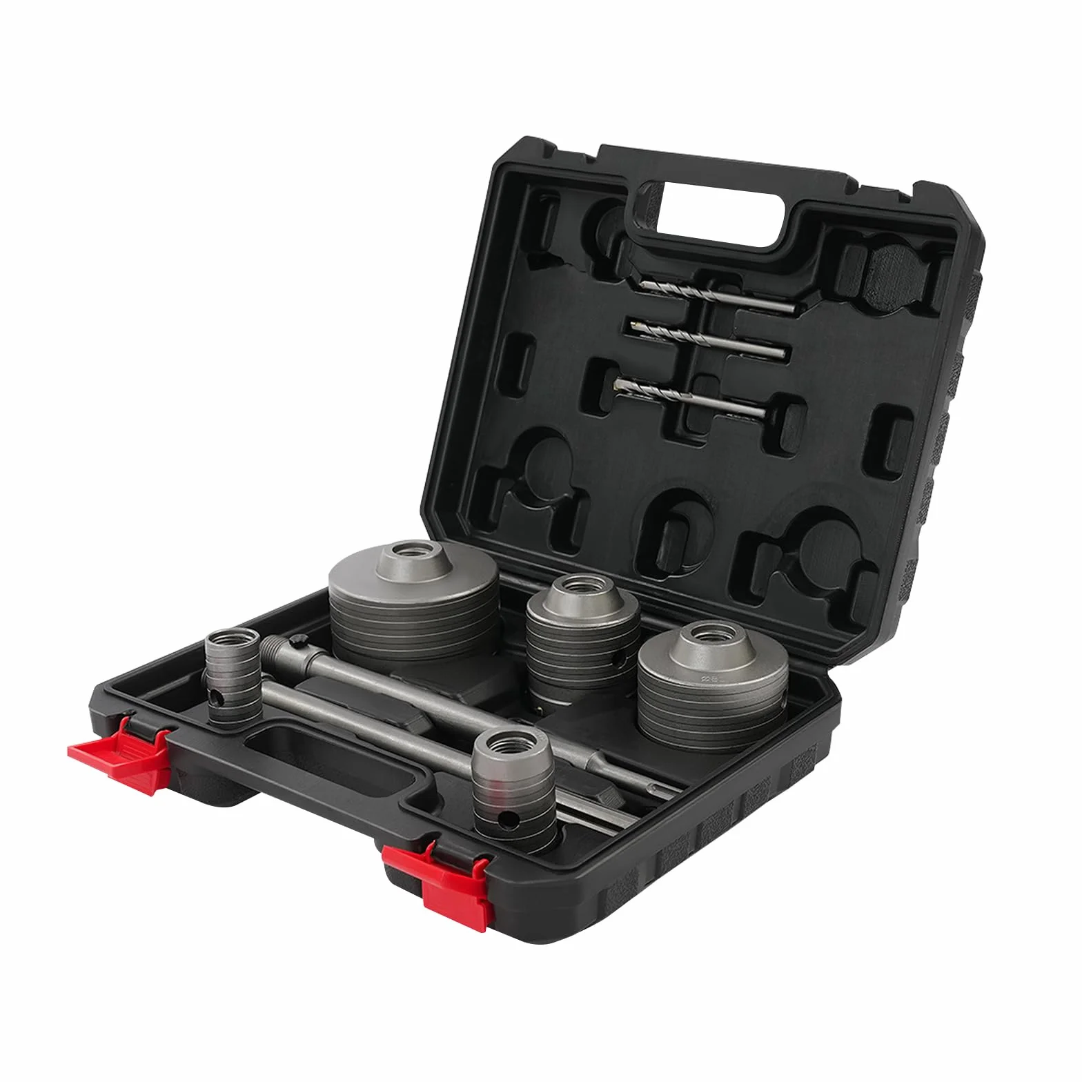Zestaw wierteł do otworów – Ø 30/40/68/80/100 mm + Ø 8 x 110 mm wiertło centrujące + trzpień SDS Plus i Max 300 mm, w walizce na narzędzia, wiertło ścienne do betonu, do cegły, gliny, pianki i ścian