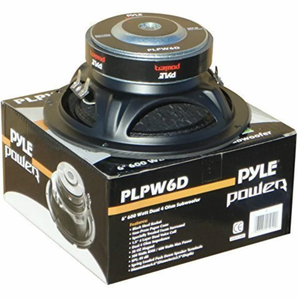 1 subwoofer PYLE PLPW6D 16,5 cm 6,5" 300 wat rms 600 wat max podwójna podwójna cewka 4 + 4 ohm dvc do pokrywy bagażnika samochodu, 1 sztuka