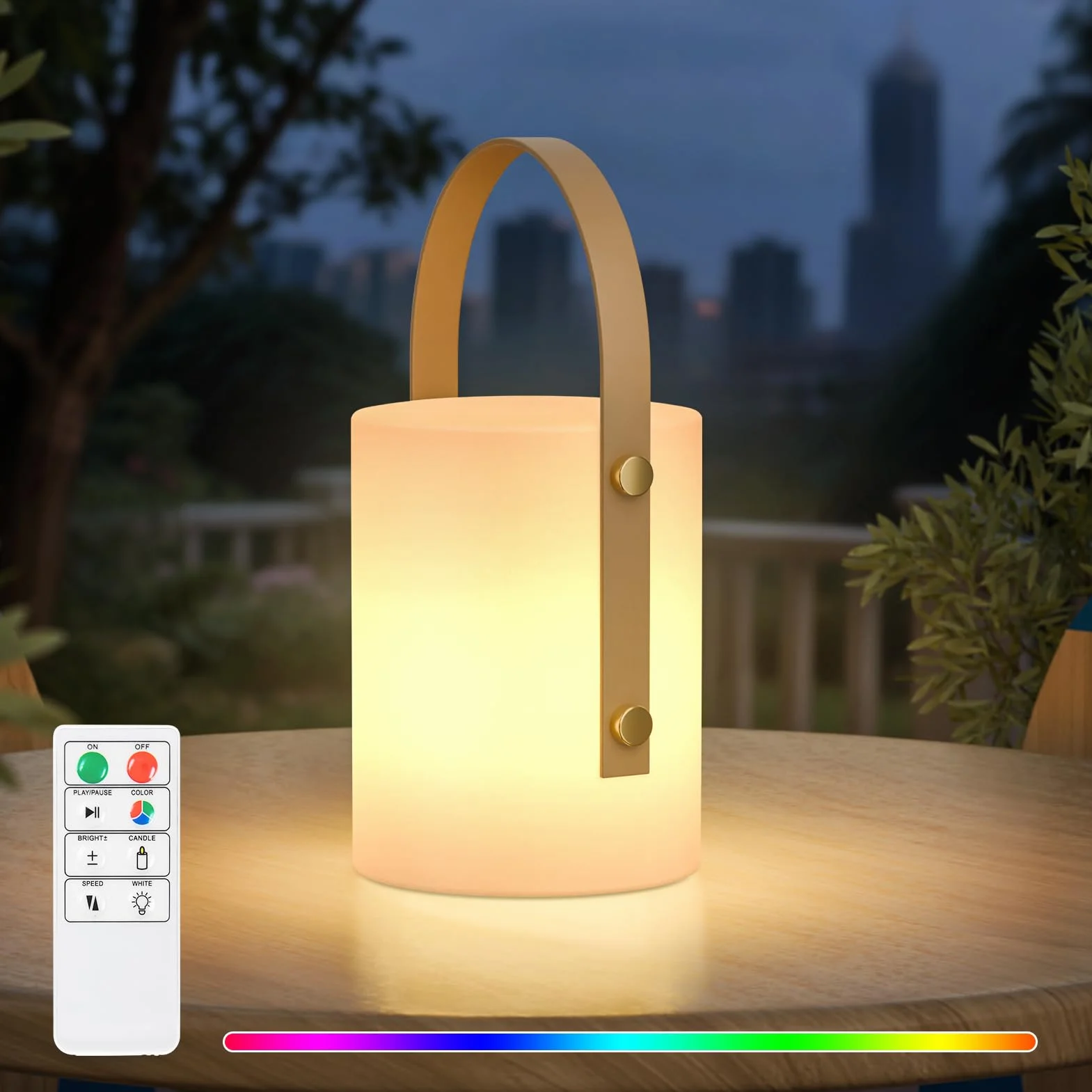 FUYO Lampa zewnętrzna LED, akumulatorowa, ściemniana, ładowana przez USB, lampa stołowa na zewnątrz, z pilotem zdalnego sterowania, 8 kolorów RGB, odporna na warunki atmosferyczne, na kemping, taras,