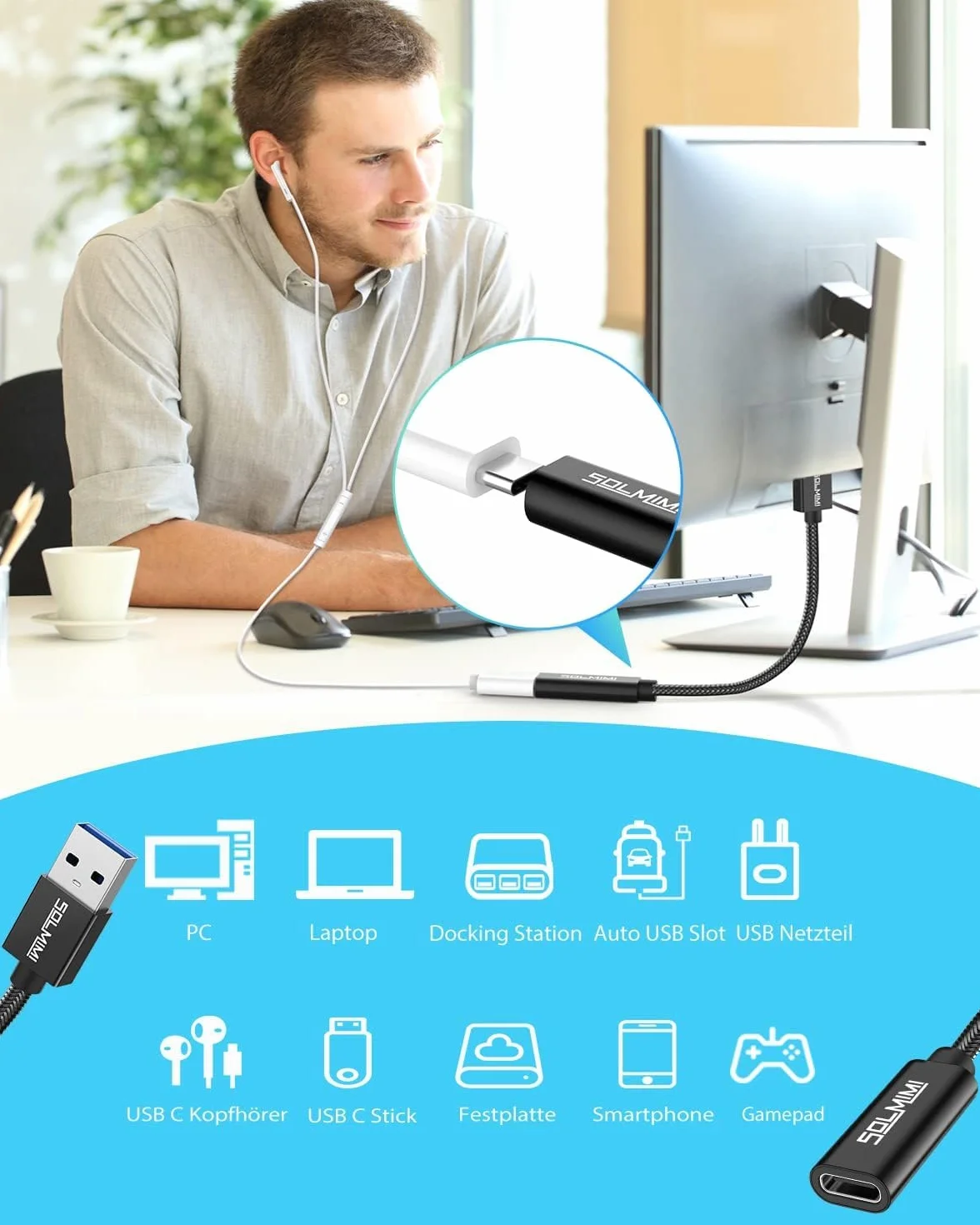 Adapter USB A na USB C wtyczka do smartfona, laptopa, tabletu