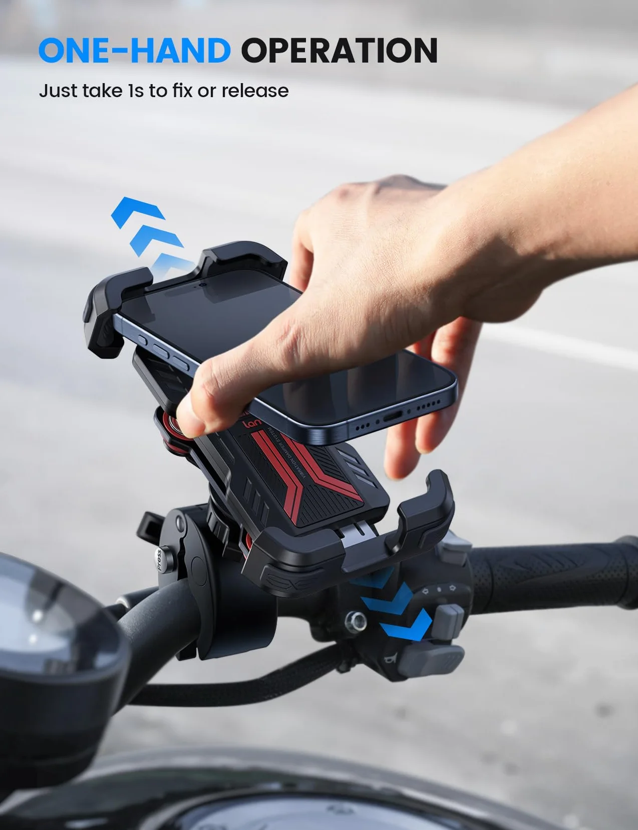 Lamicall Uchwyt na telefon do motocykla z podwójną antywstrząsową dla iPhone 16 15 14 13 12 Pro Max Plus Mini Samsung 4,7-6,7" Czerwony