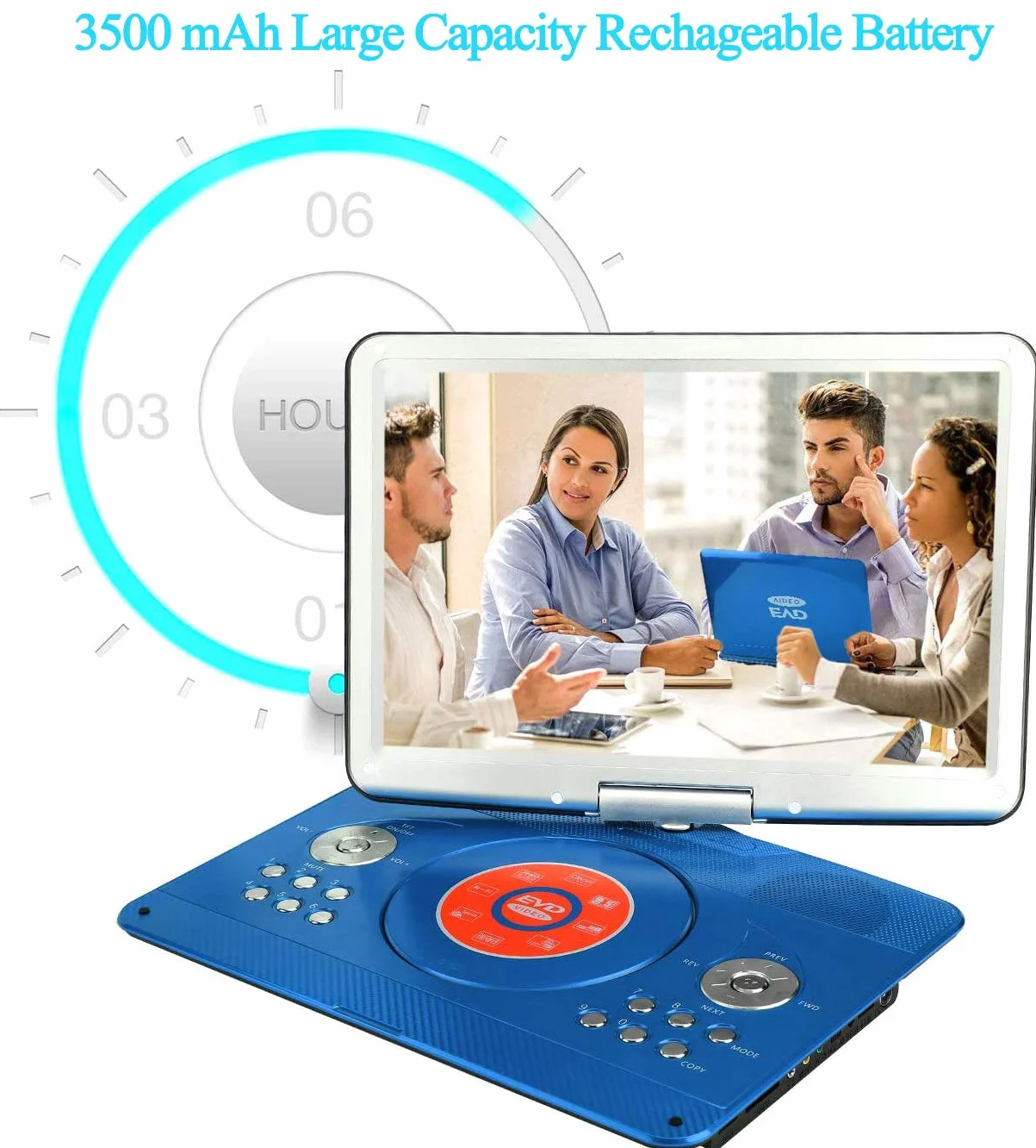 YOOHOO Przenośny Odtwarzacz DVD 16,9'' do Samochodu i Dzieci z Ekranem HD 14,0'', z Baterią 3500 mAh, Obsługuje Karty SD i USB, Niebieski