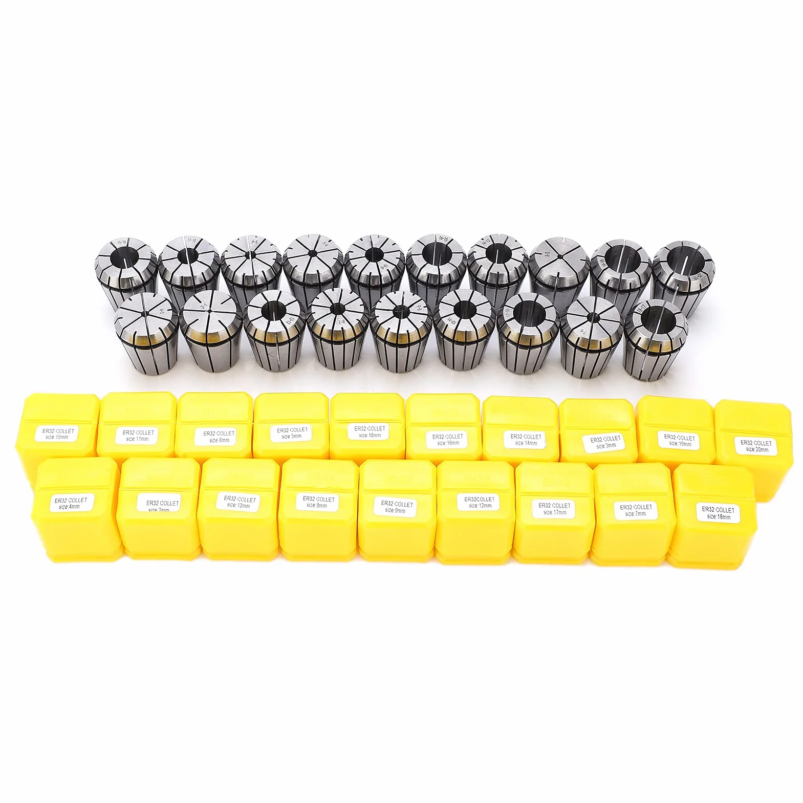 Hyuduo Zestaw Tulei Zaciskowych ER32 19 Sztuk Wysokiej Jakości Zestaw Tulei Zaciskowych ze Stali Węglowej 1065 Zakres 2mm-20mm Tolerancja 0,015mm dla Grawerki Frezowanie Gwintowanie