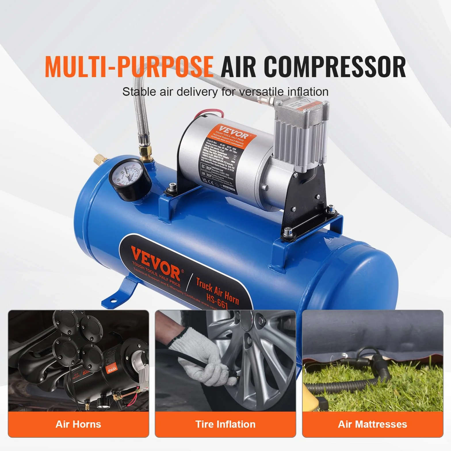 VEVOR Zughorn sprężarka powietrza ze zbiornikiem 6 l, 12 V, zestaw kompresorów powietrza 90-120 psi, zintegrowany system sprężarki powietrza do pompowania opon, ciężarówek, SUV-ów itd. Niebieski