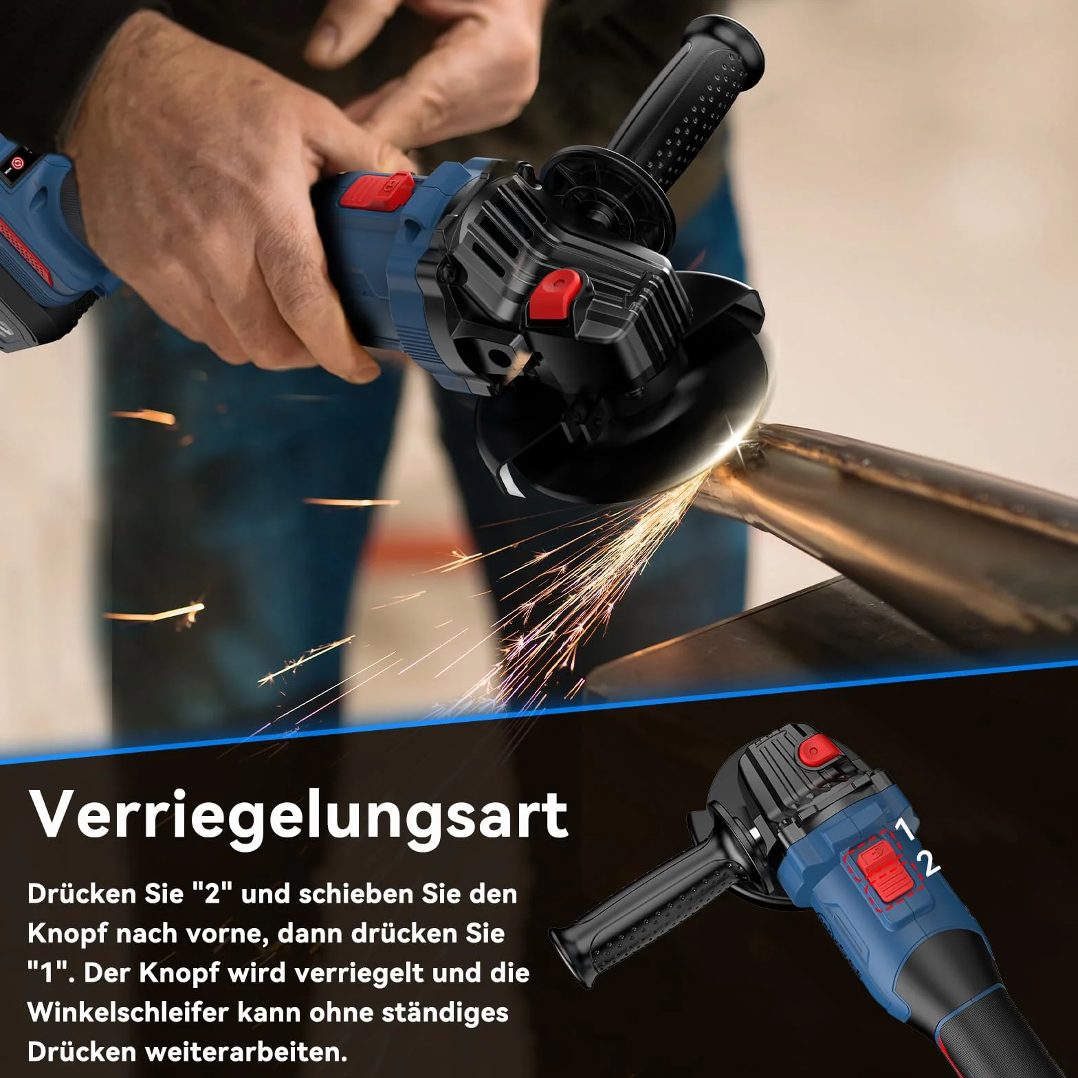 NANWEI Akumulatorowa szlifierka kątowa, kompatybilna z akumulatorem Makita 18 V, bezszczotkowa szlifierka kątowa 125 mm, elektronarzędzie z uchwytem bocznym i tarczami, tryb 3-biegowy (125 mm bez