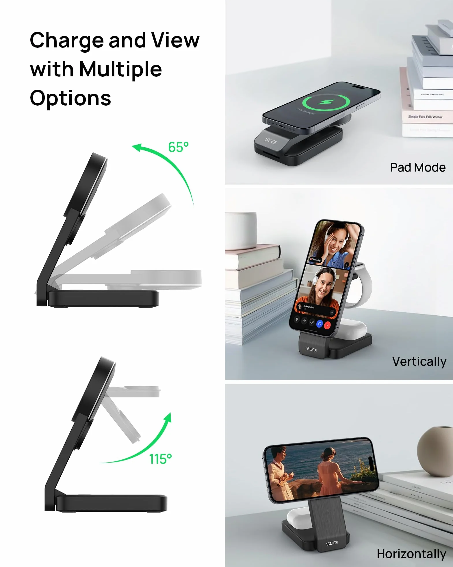 SODI Bezprzewodowa stacja ładująca 3 w 1 Qi2 15 W składana do iPhone 16/15/14/13/12 AirPods Apple Watch