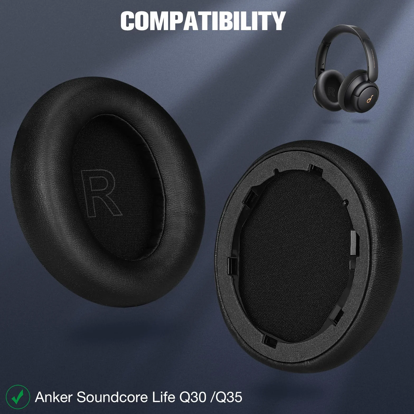 Zapasowe nauszniki kompatybilne z Anker Soundcore Life Q30 Q35 bezprzewodowe i przewodowe słuchawki Bluetooth, zastępcze nauszniki, skóra proteinowa pianka