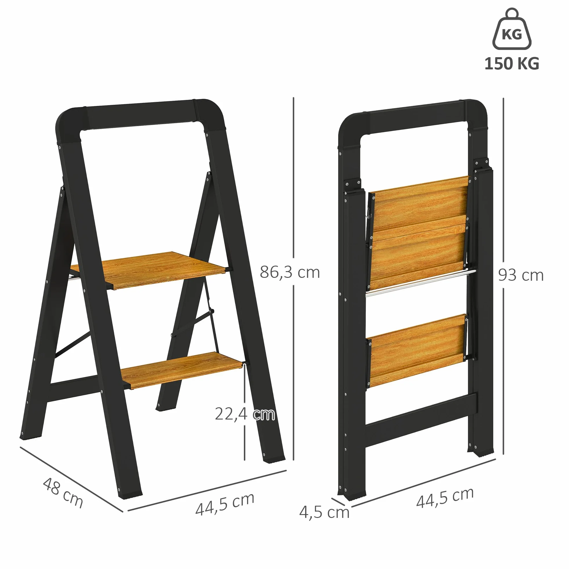 HOMCOM Drabina składana z 2 stopniami, drabina stojąca z uchwytem, antypoślizgowa platforma, obciążenie do 150 kg, aluminium, czarna, 44,5 x 48 x 86,3 cm