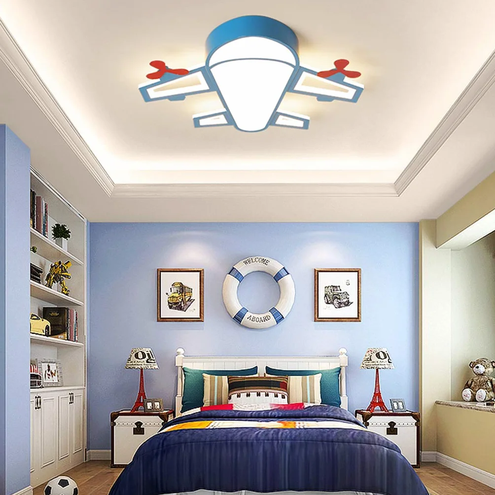 Lampa sufitowa LED do pokoju dziecięcego, sypialni, z motywem kreskówki, niebieskie samoloty, żyrandole, oświetlenie pokoju, kreatywne oświetlenie pokoju dziecięcego, z pilotem zdalnego sterowania, możliwość ściemniania, 50 cm, 36 W