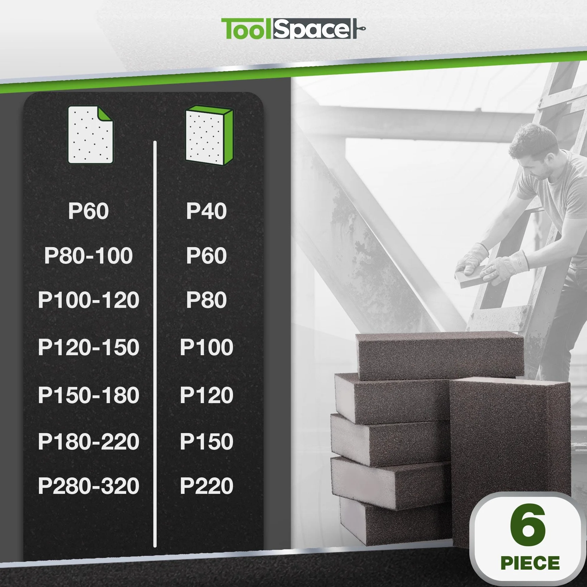 ToolSpace 6x Kostka ścierna Twarda gradacja 60 Gąbki Szlifierskie Set Gąbek Ściernych do Polerowania Ponowne Użycie Wysoka Trwałość Czyszczenia Wygładzenia Drewna Metalu Lakieru Tworzyw sztucznych