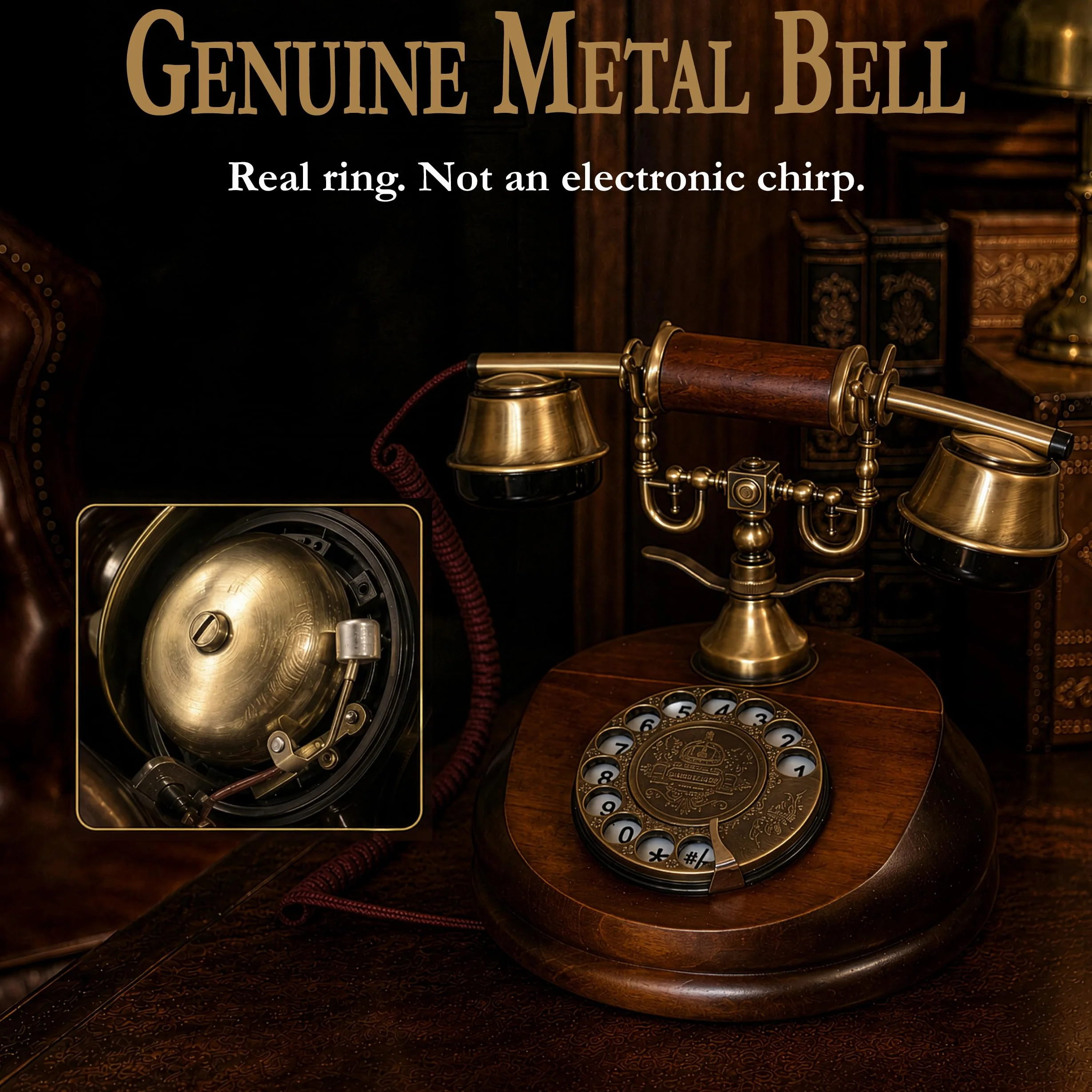 Retro telefon drewniany metalowy Model A z obrotową tarczą i dzwonkiem