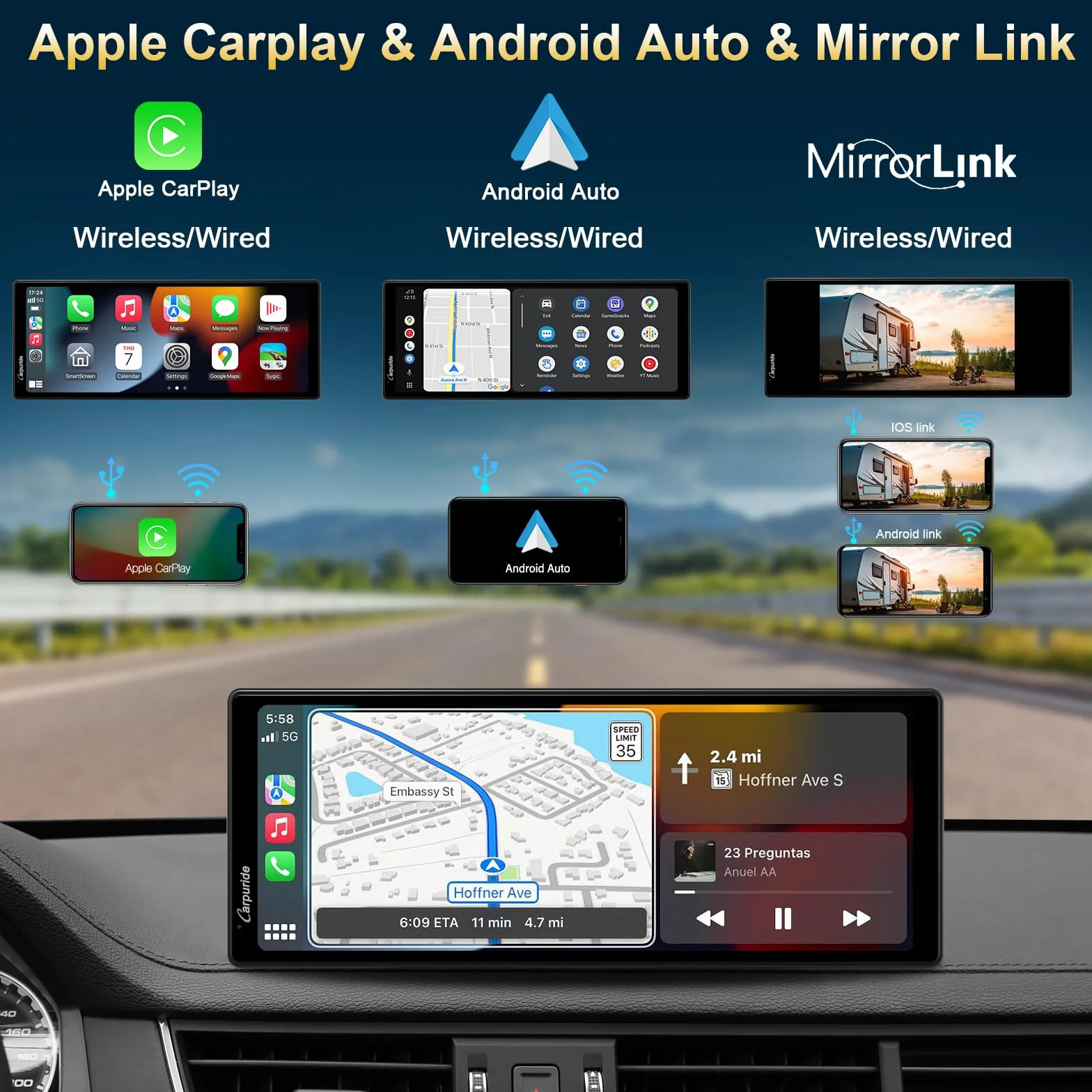 Carpuride C92 Bezprzewodowe radio samochodowe 9,3" ekran dotykowy CarPlay Android Auto Bluetooth