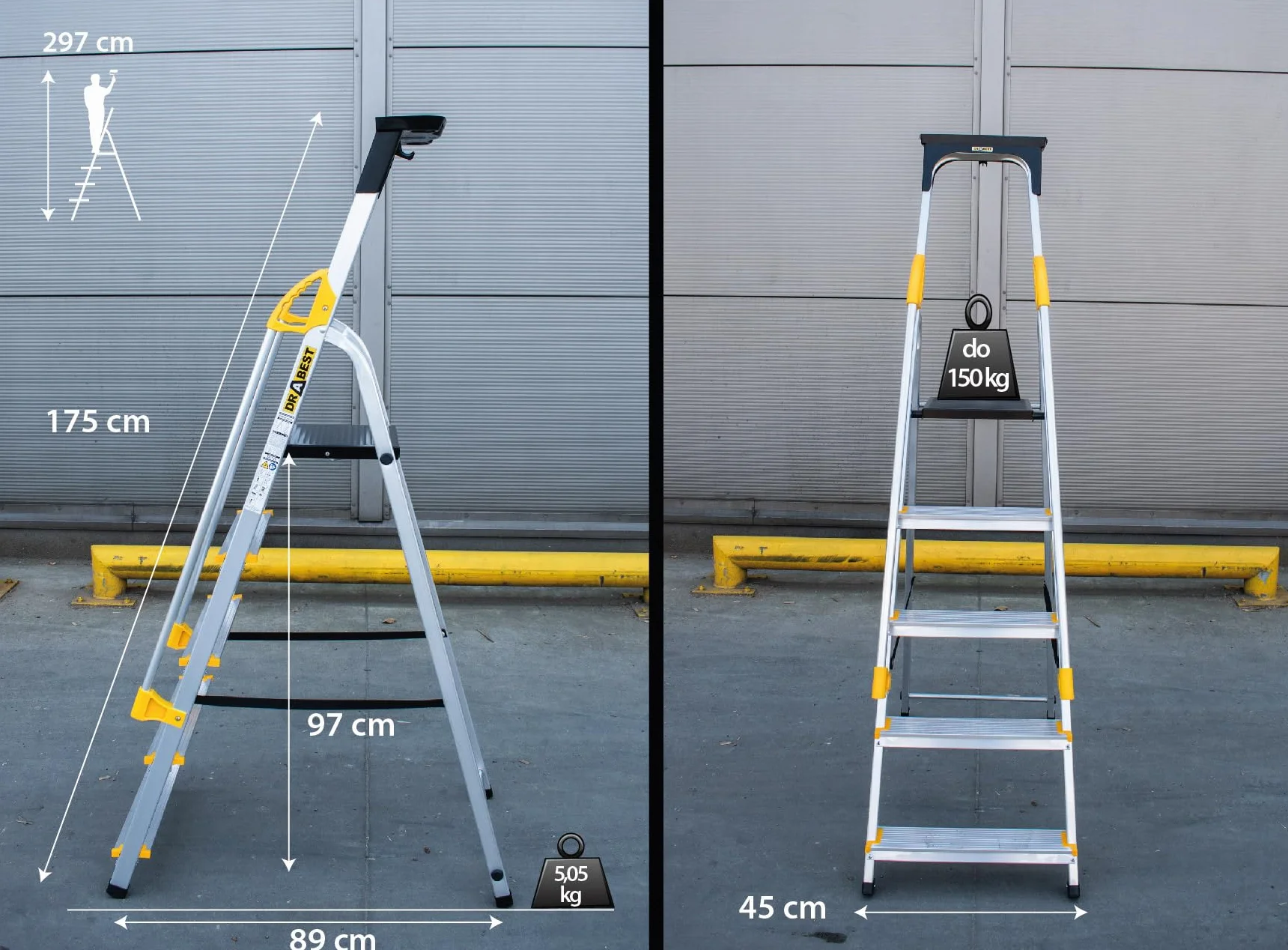 Drabest SERIA PRO 5-Stopniowa Aluminiowa Drabina Domowa Z Poręczami 150 KG - Drabina Aluminiowa - Drabiny Wielofunkcyjne - Drabiny Aluminiowe - 45 X 170 X 12 Cm