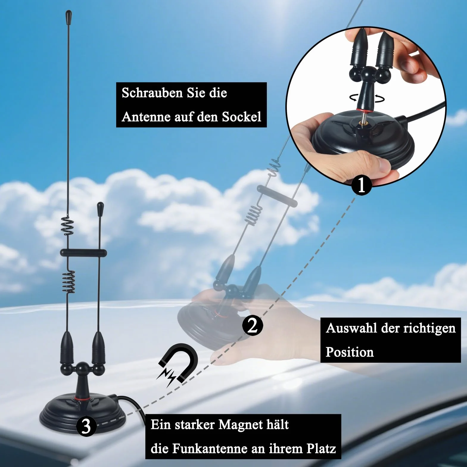 HYS Amatorska antena radiowa 2 m / 70 cm VHF/UHF mocna magnetyczna antena bazowa 4 m RG-58 kabel ze złączem PL259 MS10