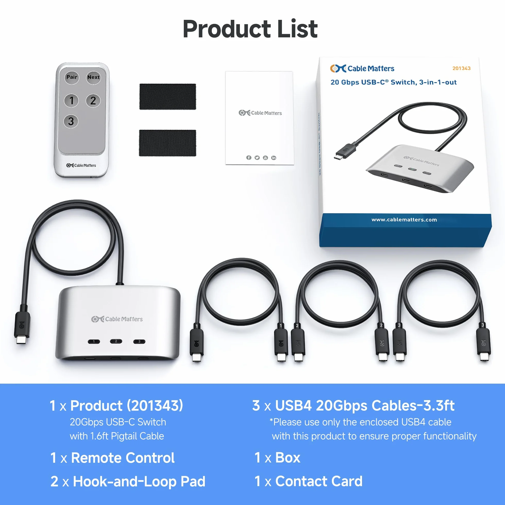 Cable Matters Przełącznik USB C 20 Gb/s 3 w 1 8K 30 Hz 4K 60 Hz 140 W PD Stacja Dokująca USB-C Thunderbolt