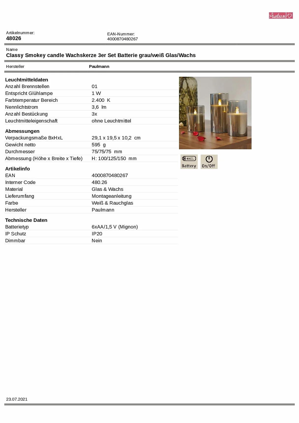 Pauleen 48026 Classy Smokey Candle 3-częściowy zestaw baterii szary/biały szkło/wosk