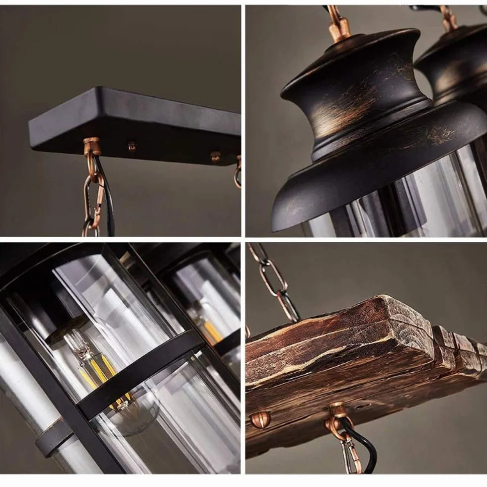 Lampa wisząca w stylu vintage, E27, industrialny żyrandol, styl vintage, drewno, lampa wisząca, czarne żelazo, szkło, abażur, lampa wisząca z regulacją wysokości, 3 płomienie oświetlenia, loft