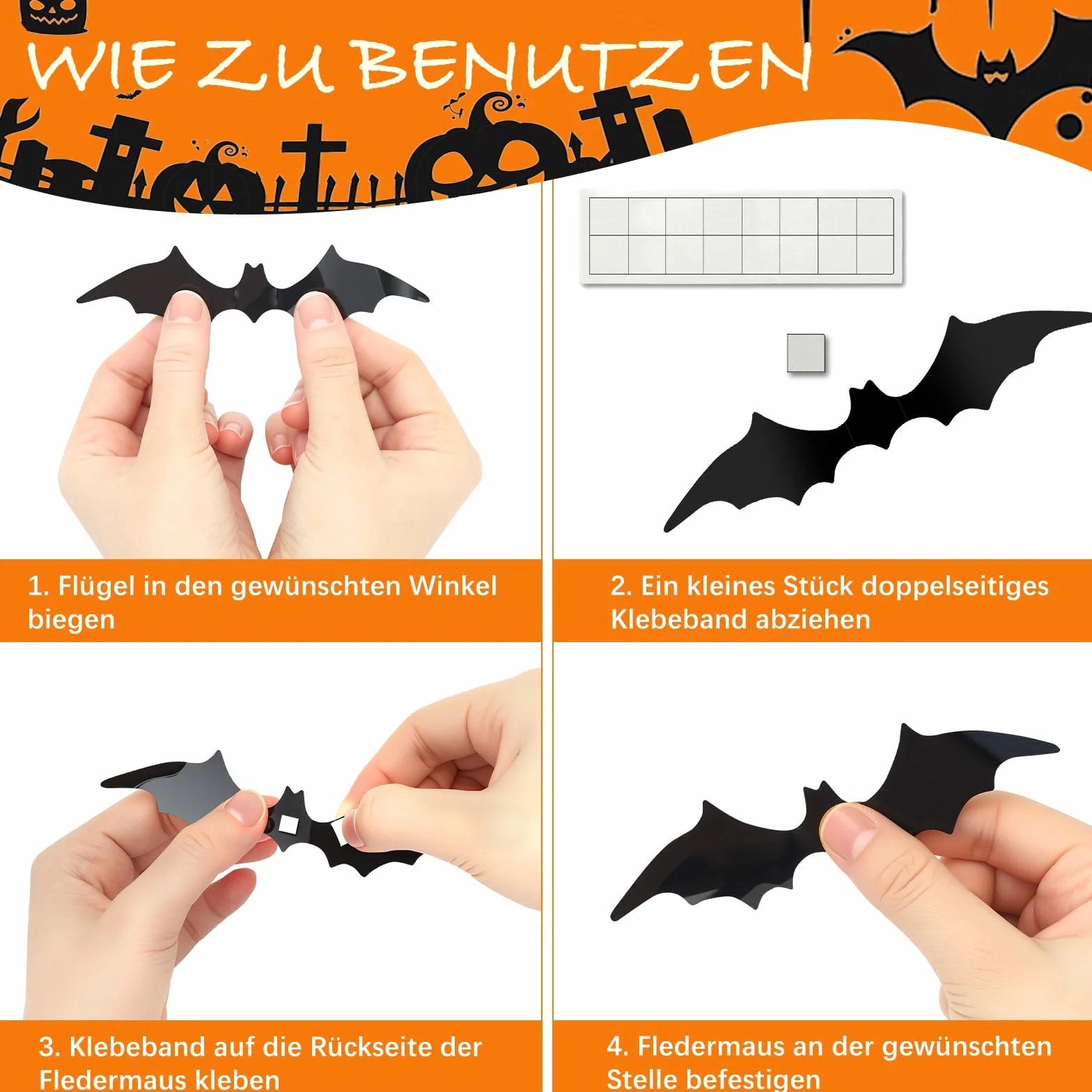 Gucass 48 sztuk dekoracji na Halloween, nietoperze 3D, dekoracja na Halloween, naklejki ścienne PCW, straszna czerń, zdejmowane nietoperze, DIY, dekoracja na Halloween, zestaw dekoracyjny na okno