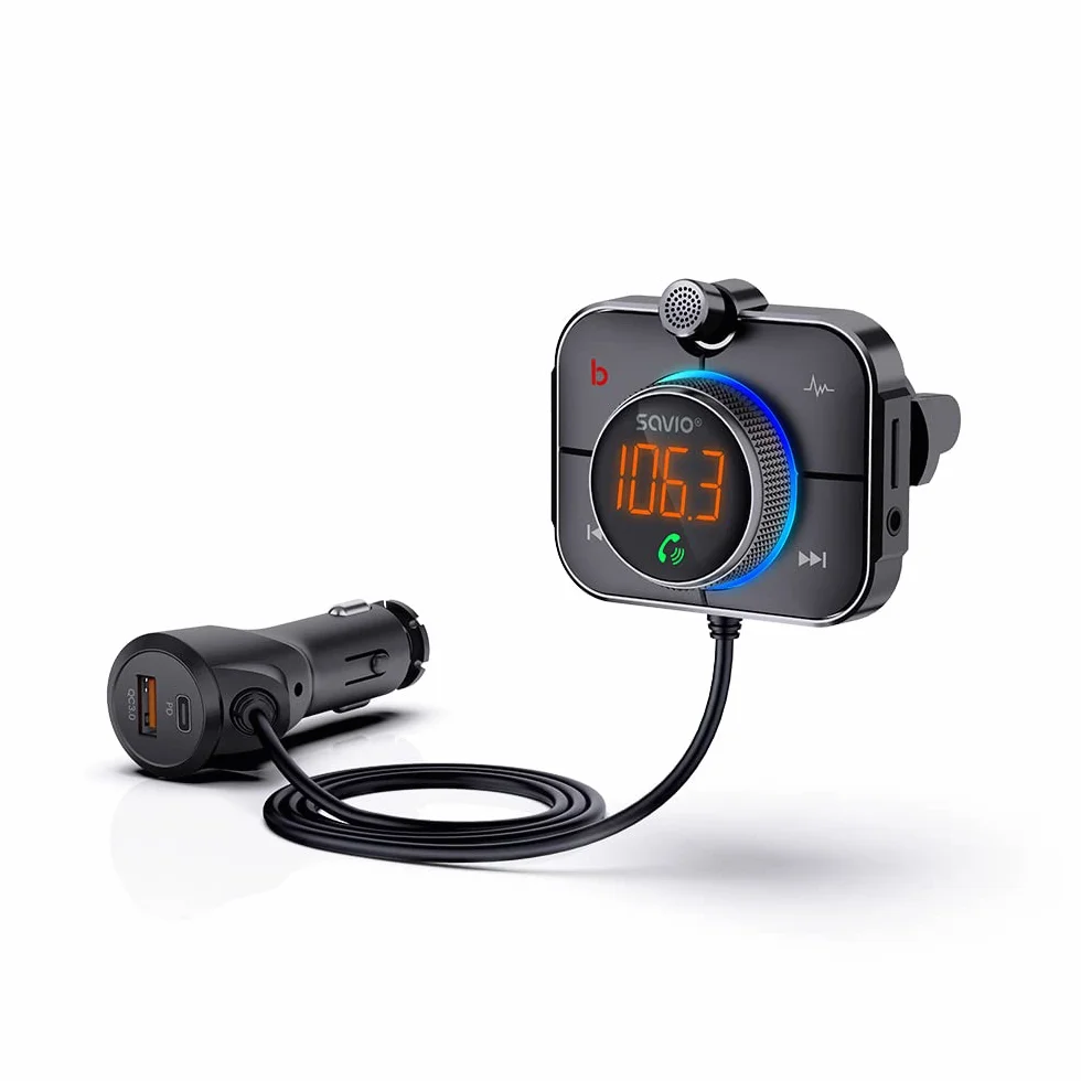 SAVIO Adapter Bluetooth do zapalniczki samochodowej - Nadajnik FM do samochodu Bluetooth - Adapter Bluetooth do samochodu - Adapter Bluetooth do radia samochodowego - Bluetooth 5.0 - Karta SD