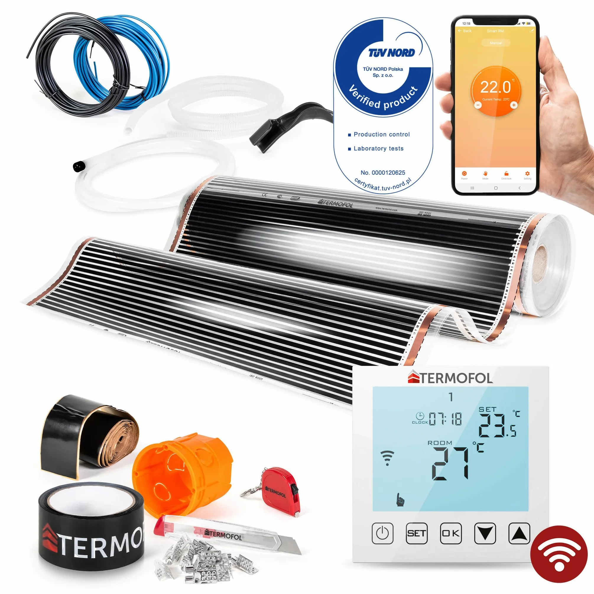 Termofol Elektryczne ogrzewanie podłogowe folia grzewcza 230 V z termostatem WiFi – moc 220 W/m2 – powierzchnia 1,5 m² – ogrzewanie podłogowe, kompletny zestaw do ogrzewania podłogowego, ściennego lub