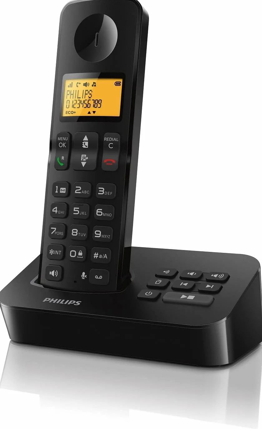 PHILIPS Telefon bezprzewodowy D2651B/01 Dom Single - Telefon stacjonarny z automatyczną sekretarką - Ekran 1'6 cala - Kalendarz - Rozpoznawanie Numerów - Szeroki zasięg - Czarny