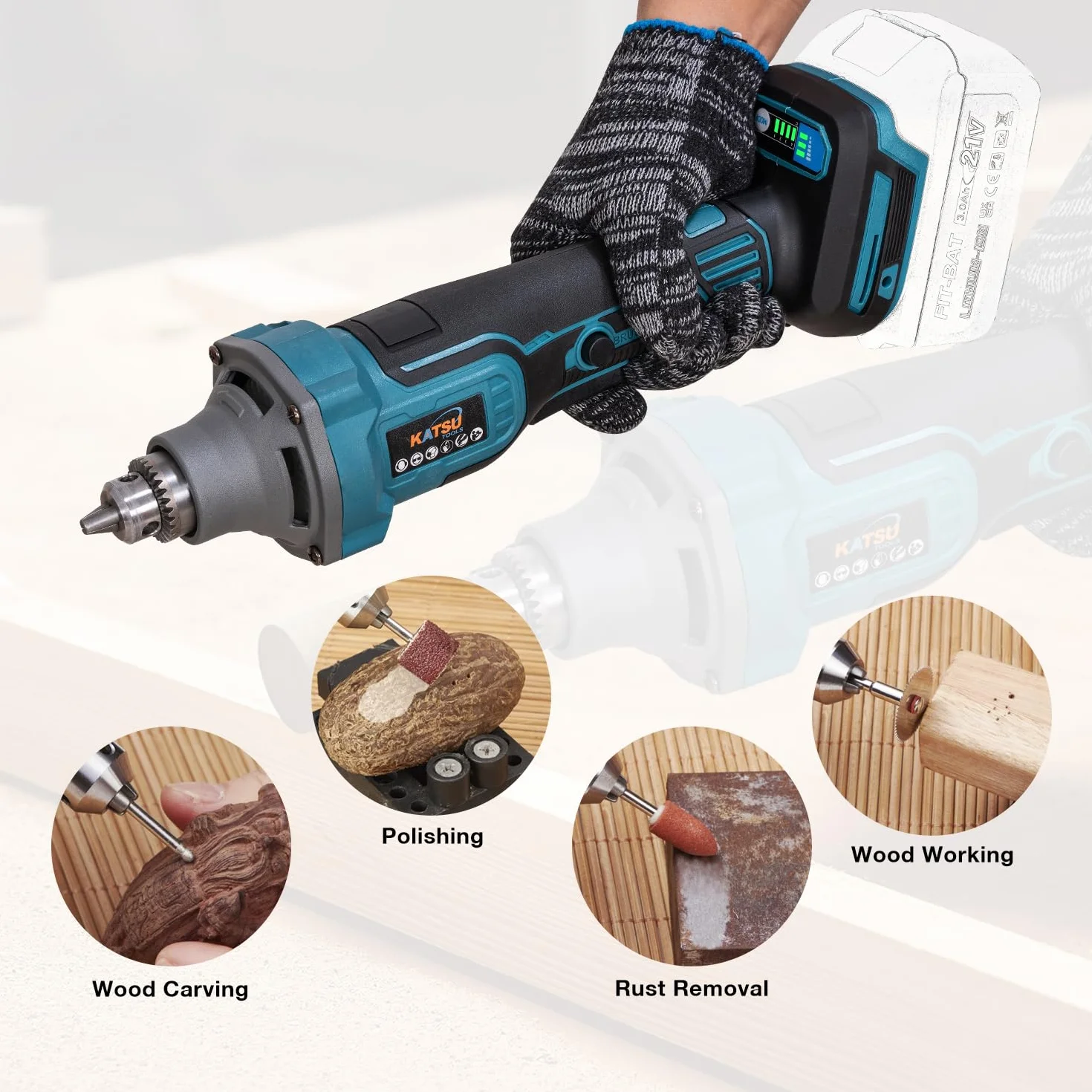 KATSU FIT-BAT bezszczotkowa akumulatorowa szlifierka matrycowa, 21 V, narzędzie obrotowe ze zmienną prędkością i uchwytem 6 mm, do szlifowania, polerowania, rzeźbienia, bez baterii i ładowarki