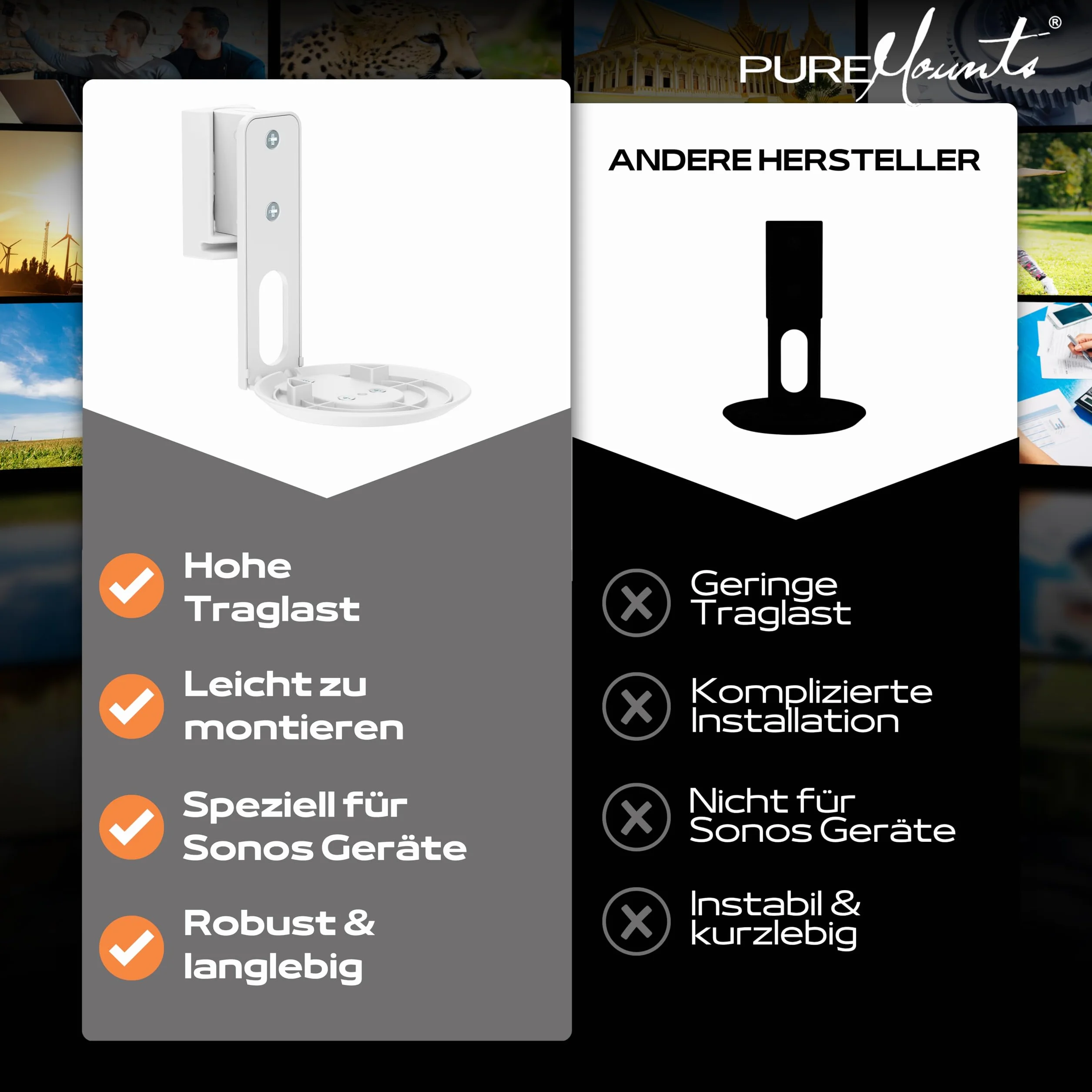 PureMounts Uchwyt ścienny do Sonos Era 100, wychylny +/-45°, nachylenie 0/-18°, udźwig 3 kg, biały