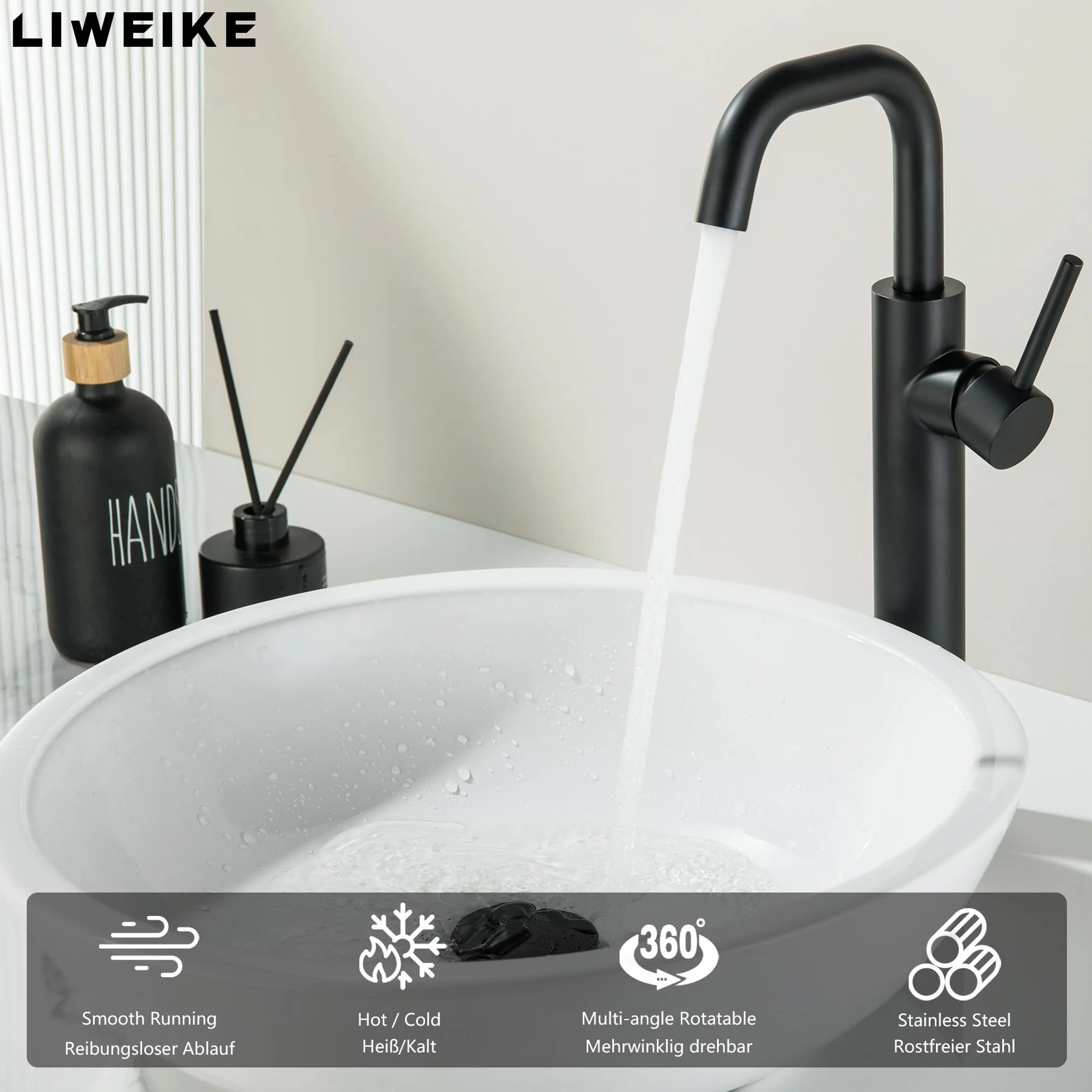LIWEIKE Kran łazienkowy czarny, armatura umywalkowa, obracana o 360°, jednouchwytowa bateria umywalkowa z 2 trybami natrysku, bateria umywalkowa, stal nierdzewna