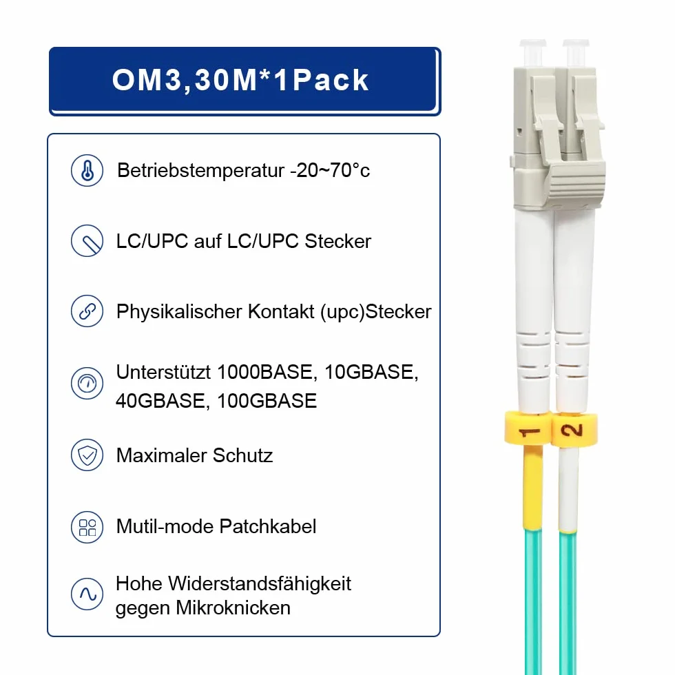 30M OM3 LC do LC światłowodowy kabel krosowy | opcje długości: 0,5 m ~ 100 m, 10 GB Duplex LC-LC 50/125 um multimode LWL kabel LSZH 30 metrów