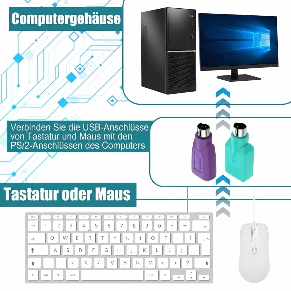 Zestaw 4 adapterów PS2 na USB A, konwerter myszy i klawiatury, gniazdo PS/2 na USB-A