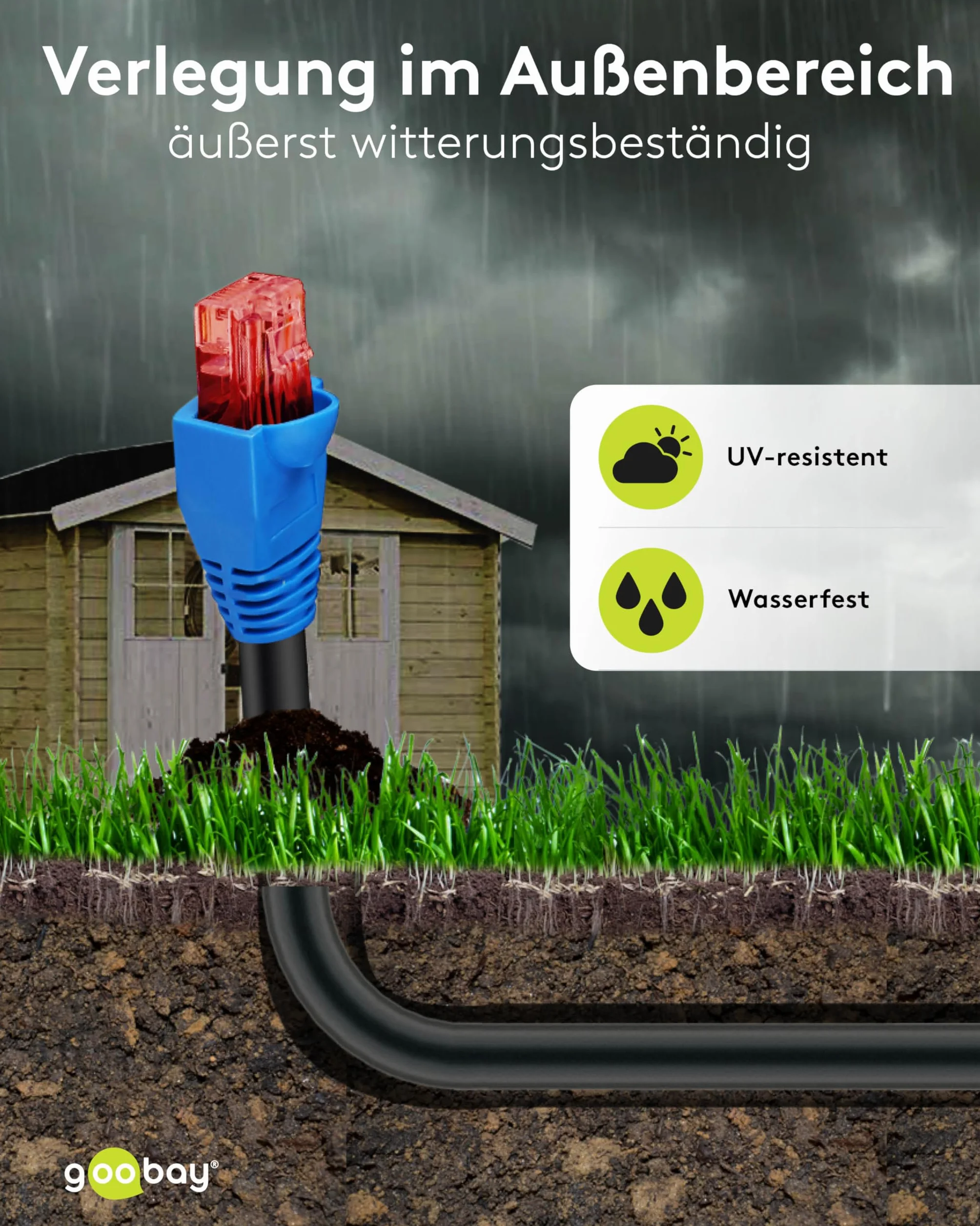 Goobay CAT 6 U/UTP 10m Kabel Sieciowy do Użytku na Zewnątrz, Czarny/Niebieski, 10 m