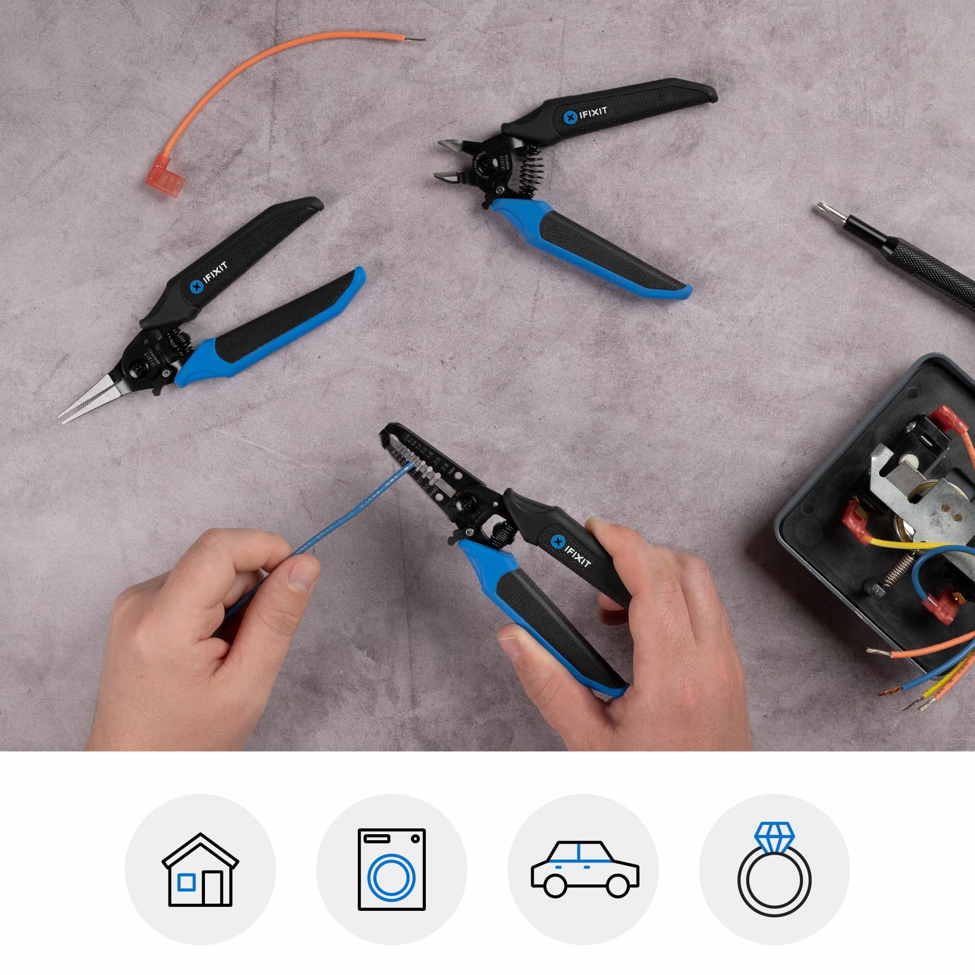 Zestaw 3 szczypiec iFixit Mandible – szczypce do przecinania przewodów, szczypce do zdejmowania izolacji, szczypce igłowe do lutowania (naprawy) elektroniki