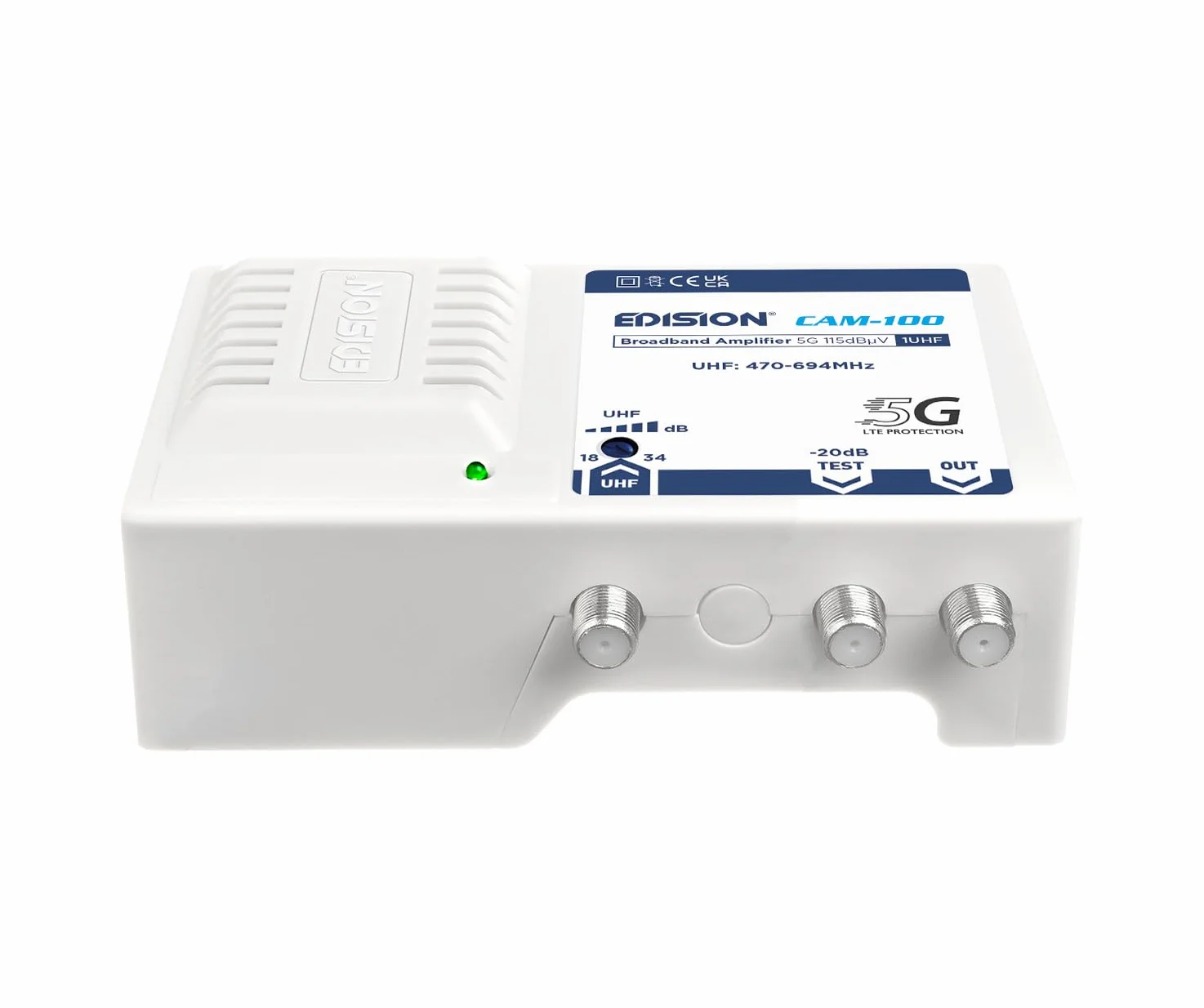 EDISION CAM-100 wzmacniacz szerokopasmowy 1UHF, regulacja 18-34 db, 115 dBmV, wzmacniacz antenowy odpowiedni do naziemnych DVB-T/T2, filtr 5G LTE, zakres częstotliwości UHF 470-694 MHz