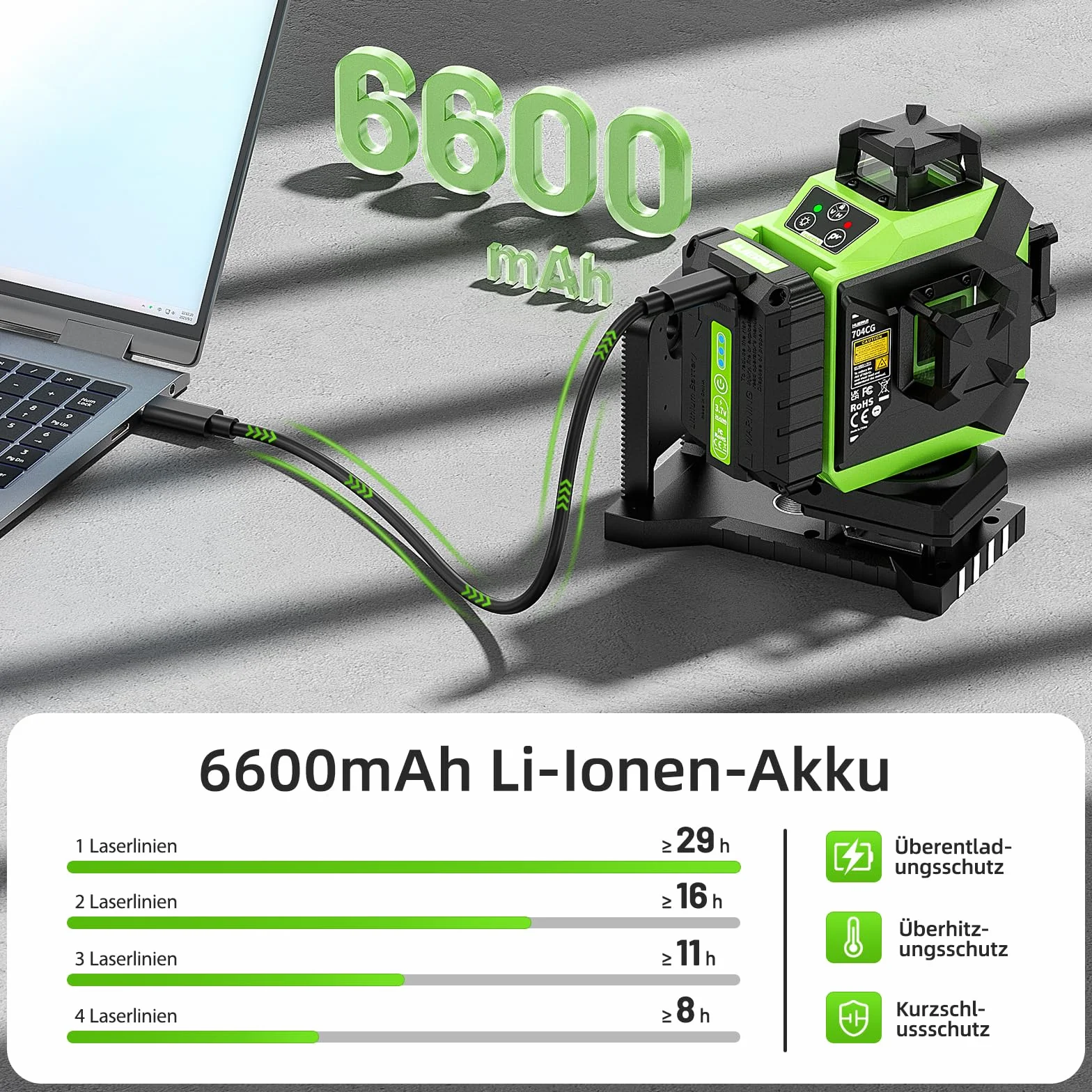 Huepar 4x360 Laser Cross Line 4D Automatyczne poziomowanie Zielone światło Linia krzyżowa 16 linii do płytek podłogowych Narzędzie laserowe-2x360 Pozioma/pionowa linia laserowa-Akumulator 704CG