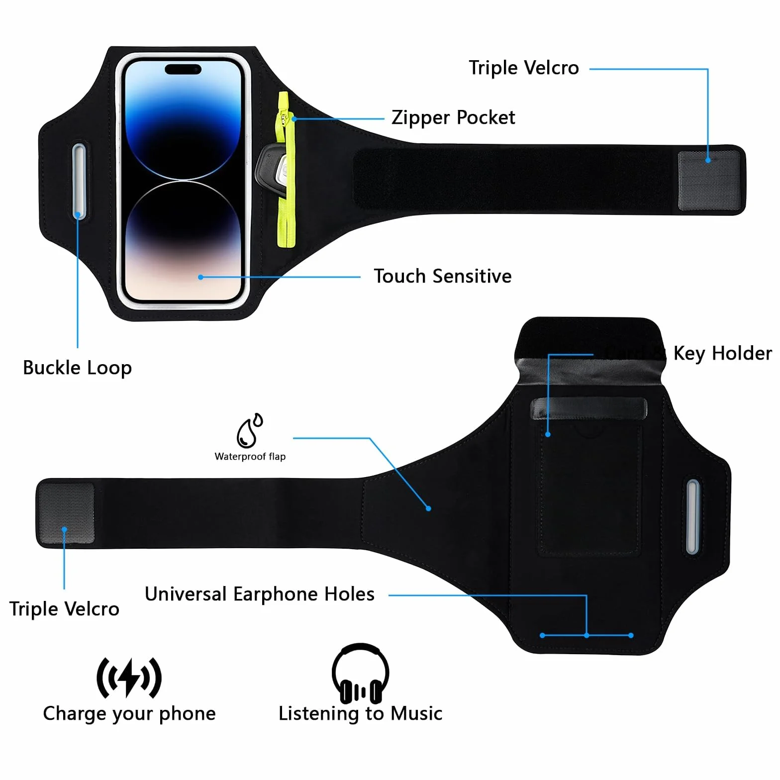 TRIXES Czarna opaska na ramię do biegania z torbą na słuchawki pasuje do iPhone 15 Pro Max/14 Pro/13 Pro Max/12/12 Pro/11/XR/XS/X/8 Plus do 6,7 cala