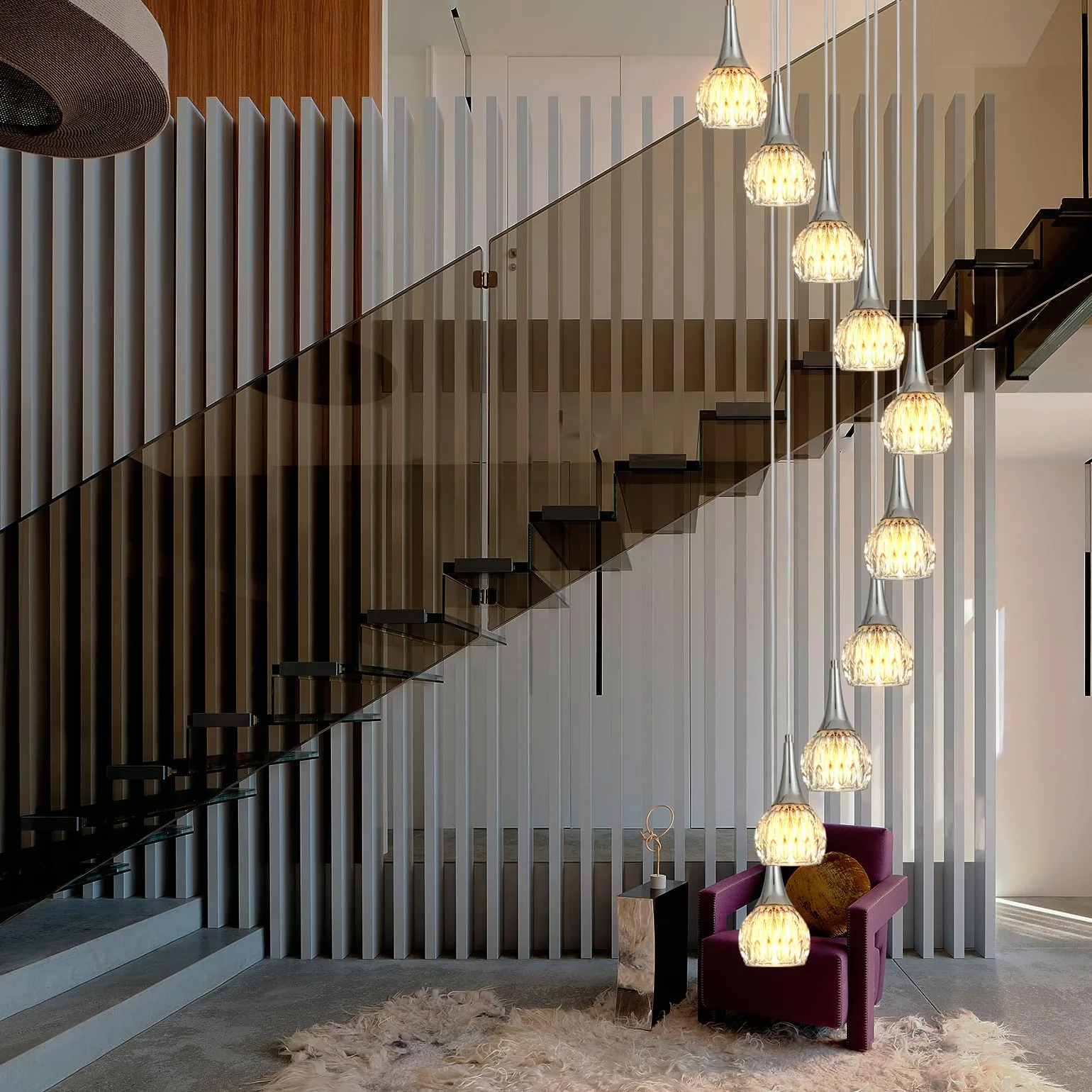 Nowoczesne 10-punktowe żyrandole spiralne Polerowane chromowane lampy wiszące Art Glass Shade Dome Długi żyrandol Oświetlenie do przedpokoju Klatka schodowa Oprawa sufitowa