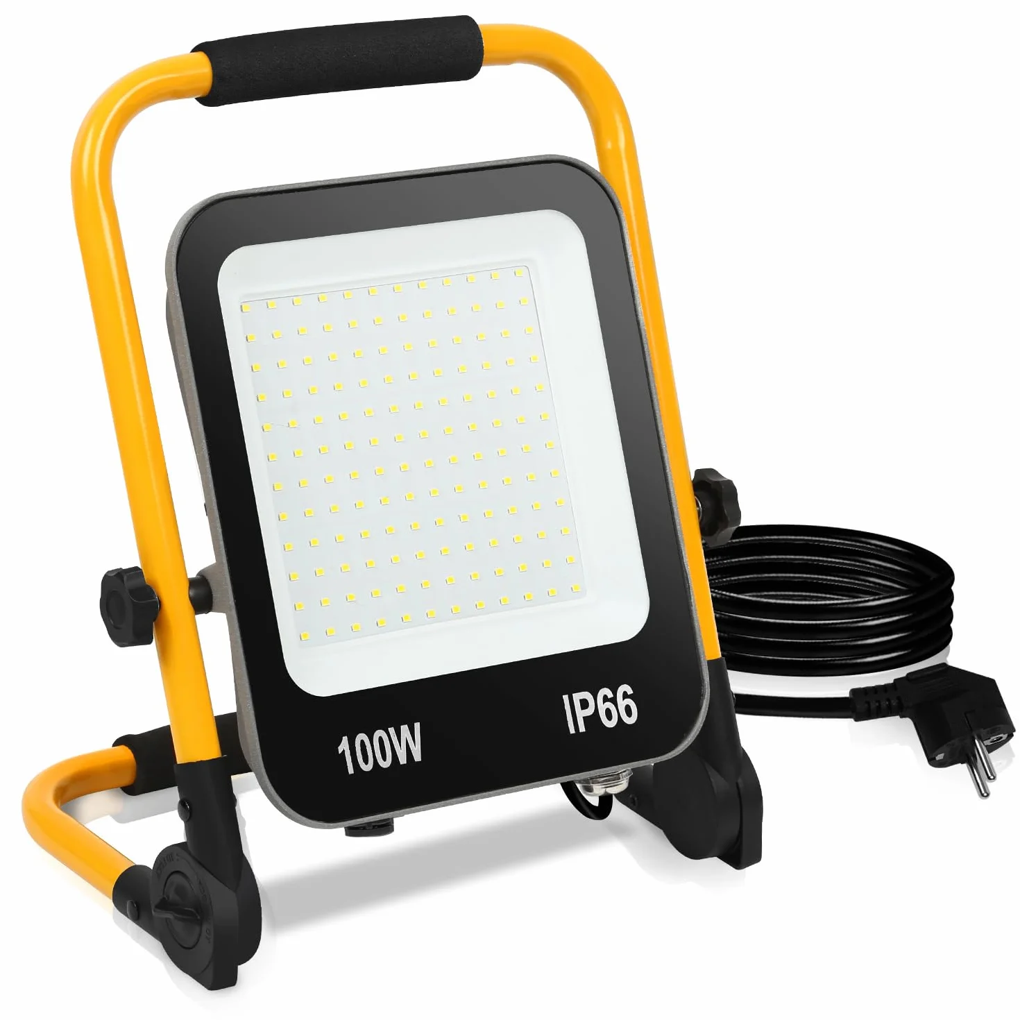 Reflektor budowlany LED, 100 W, 8000 lm, lampa robocza LED z wtyczką, klasa wodoszczelności IP66, reflektor budowlany z kablem 3 m, przenośny, do warsztatu lub na placu budowy, 6000 K