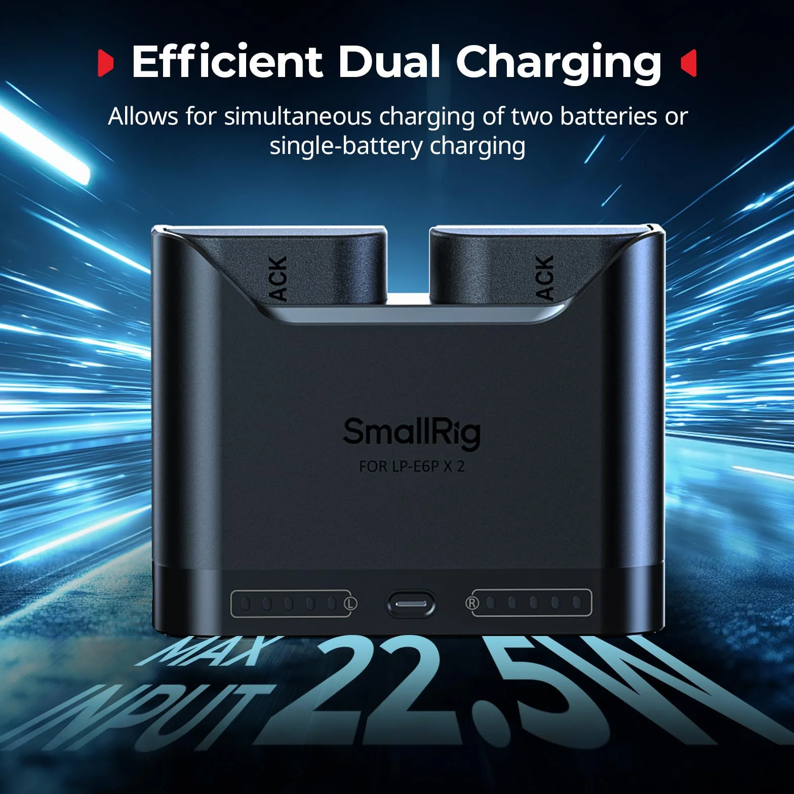 SMALLRIG Ładowarka akumulatorów LP-E6P LP-E6NH LP-E6N LP-E6 do Canon, 2-godzinna ładowarka z dwoma gniazdami i portem USB-C 22,5 W, w pełni kompatybilna z aparatami EOS R5 II, R6 II R5, R6, R7-5490