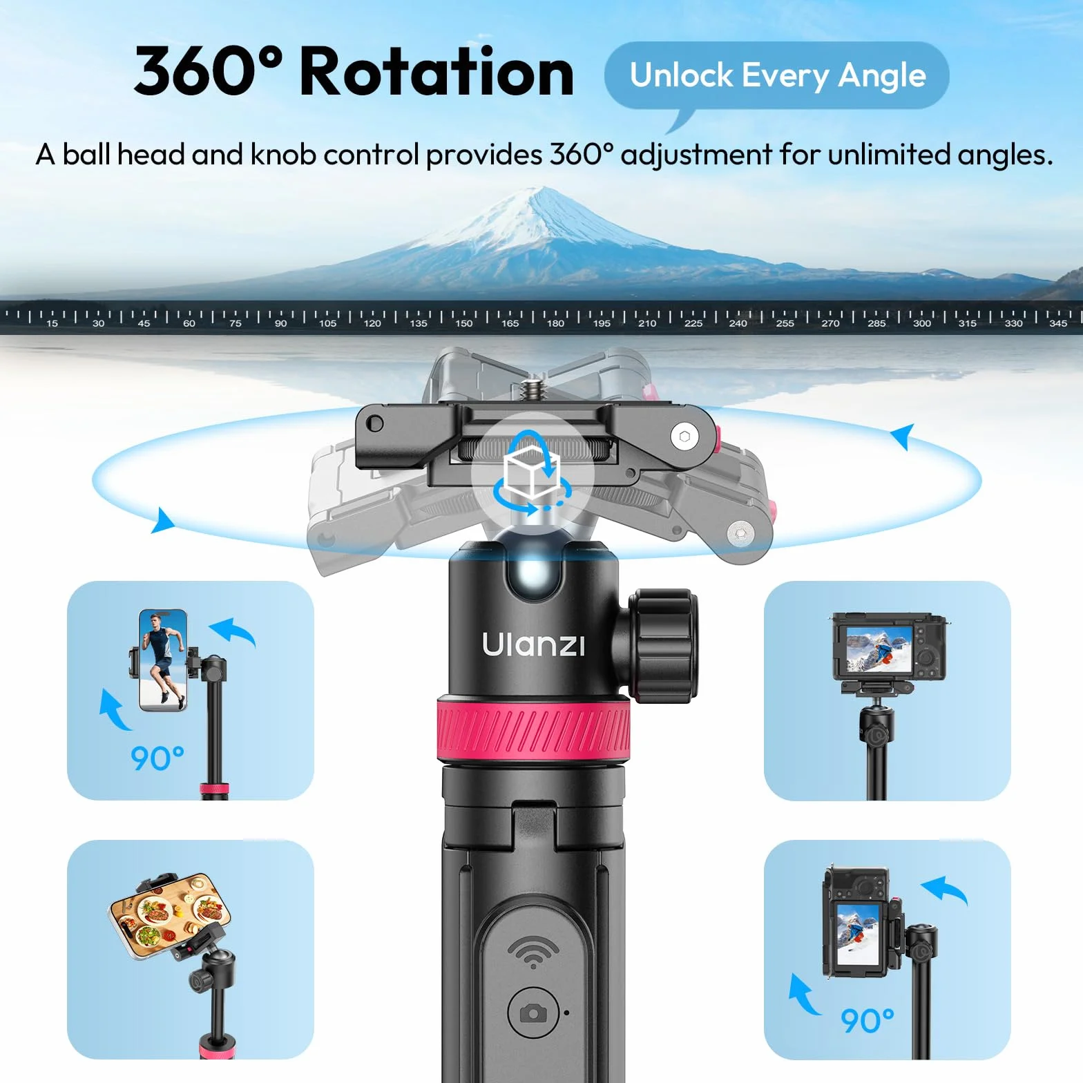 ULANZI MT-44 B [2026 ULEPSZONY] Automatycznie Otwierany Statyw Telefonu 59'', Stanie na Czterech Nogach, Kulowa 360°, Gwint 1/4", Kijek Selfie Bluetooth do lustrzanek Cyfrowych, iPhone'a, Samsunga