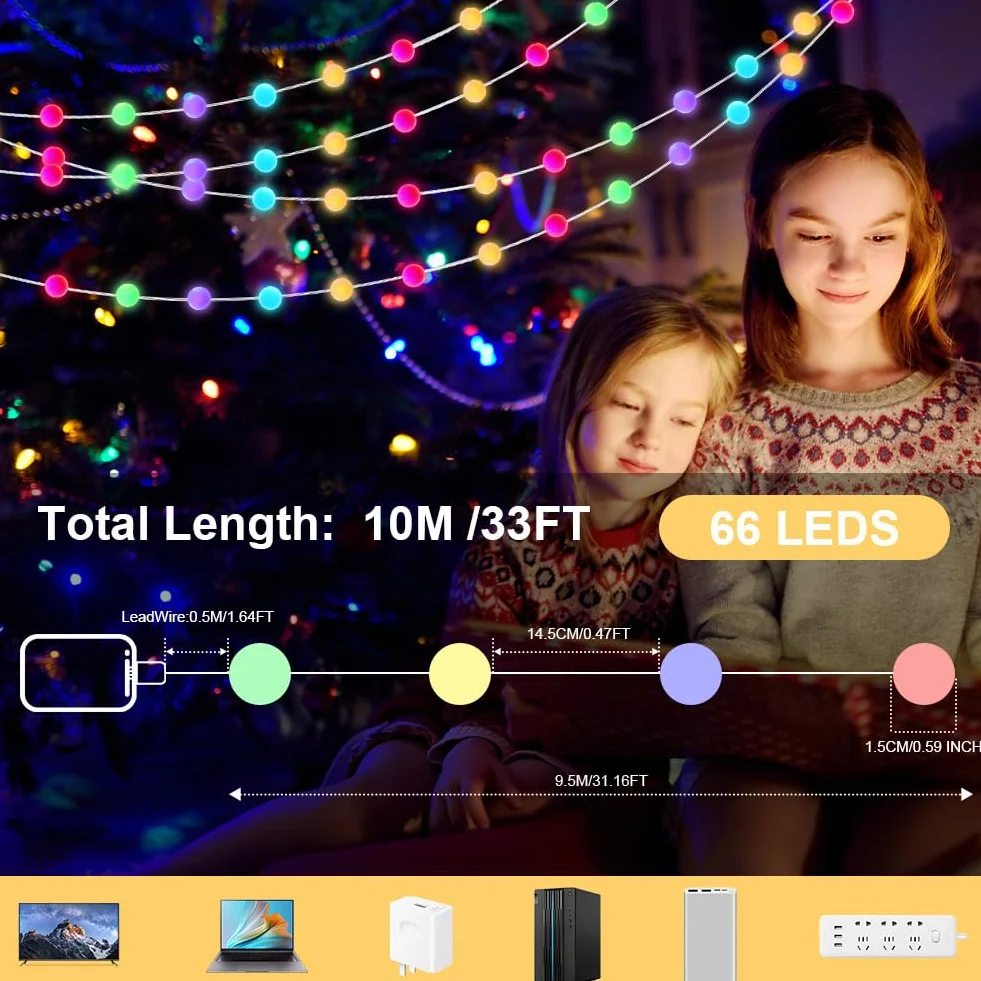 AUAUY Smart Globe String Lights, 10M 66 LED Outdoor/Indoor String Lights, Zmiana koloru, Zasilane przez USB, z aplikacją, Dekoracja na imprezę Halloween, Boże Narodzenie